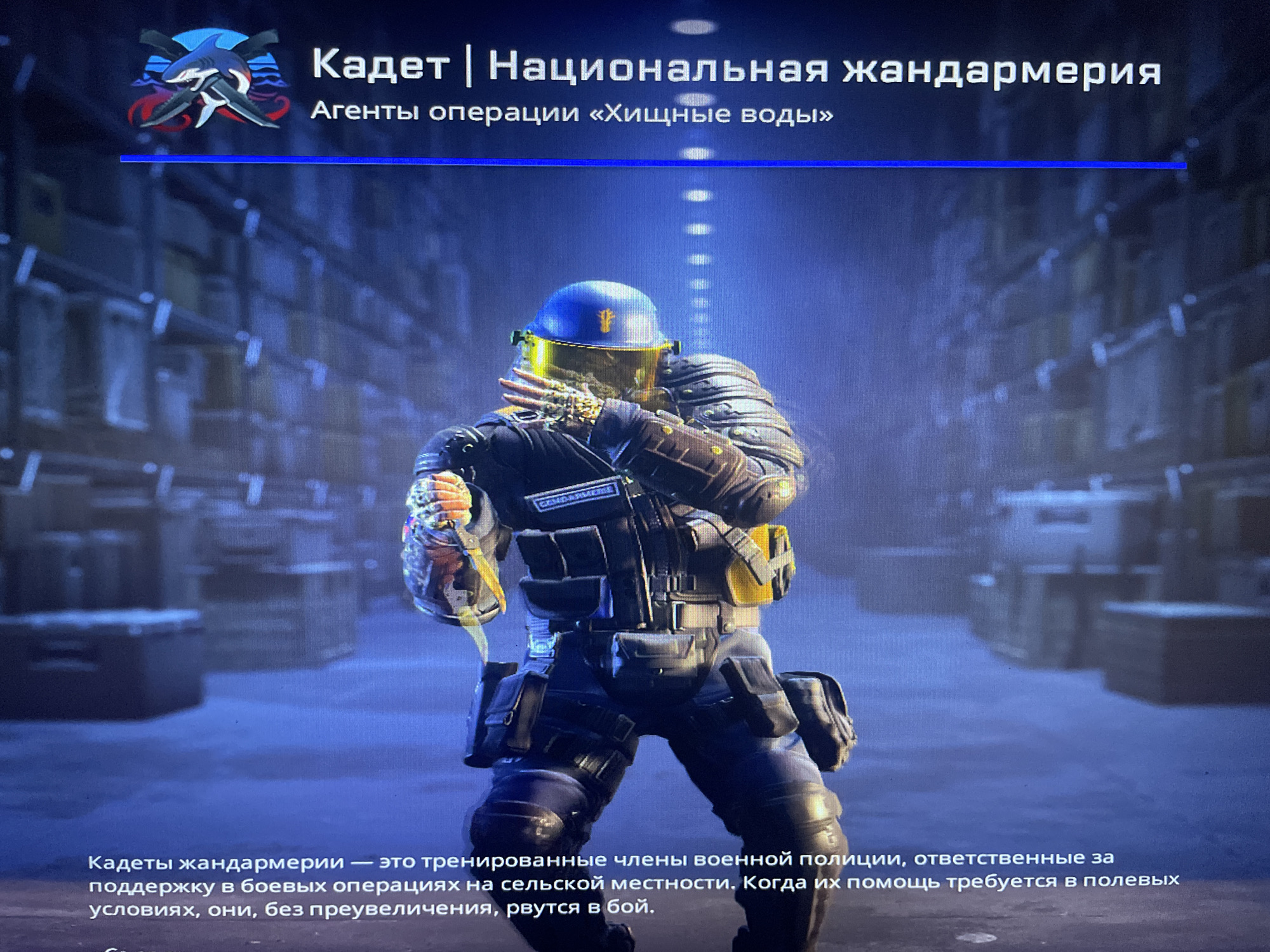 The image depicts a video game interface. At the top, there is a title in Russian that translates to "Cadet | National Gendarmerie" followed by "Agents of the 'Predatory Waters' operation." Below this, a blue line extends across the screen. The central part of the image features a character model of a soldier in a blue uniform and helmet with a gold visor. The soldier is heavily equipped with tactical gear, including vests, pouches, and gloves. The background appears to be an indoor environment with rows of shelves filled with various items, illuminated by blueish lighting. At the bottom of the screen, there is Russian text that describes the "cadets of the gendarmerie" as trained members of the military police, responsible for supporting combat operations in rural areas, who will fight without exaggeration when their help is needed.
The image does not contain any information or visual cues that suggest a connection to the city of Kołobrzeg, Poland.