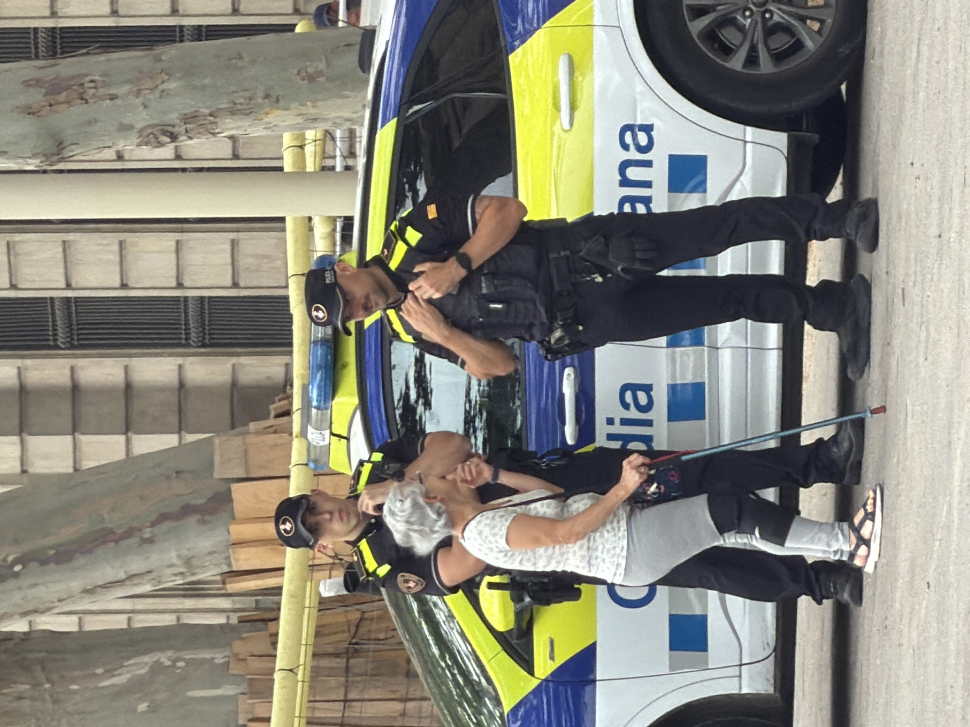 An outdoor scene depicts two police officers assisting an elderly woman next to a parked police vehicle. The image is taken during daylight hours, indicating clear weather.
The primary subjects are two male police officers, both wearing dark blue uniforms, tactical vests, and dark caps with a yellow emblem. One officer, positioned closer to the camera, is actively engaging with the elderly woman, holding her hand or arm. He has a serious but attentive expression. The second officer stands slightly behind and to the left of the first, also looking towards the interaction.
The elderly woman has short, wavy white-grey hair and is dressed in a light-colored, patterned short-sleeved top, grey leggings, and dark sandals. She holds a white cane with a red tip, suggesting she may be visually impaired or require mobility assistance. Her expression is not clearly visible.
A police car is parked next to the individuals. It features a distinct white, blue, and yellow livery. Partial text is visible on the side of the vehicle, reading "dia" and "ana," which are fragments likely from "Policia Urbana" or "Guardia Urbana," common for municipal police in Spanish cities like Barcelona. A blue square emblem is also visible on the car's side. The car's wheel and tire are prominent in the upper right.
The background shows what appears to be an urban setting, possibly with some form of construction or scaffolding, featuring wooden planks and metal structures. Yellow protective coverings are wrapped around some vertical elements in the background. The overall scene conveys a moment of public service, with police officers providing aid to a citizen.