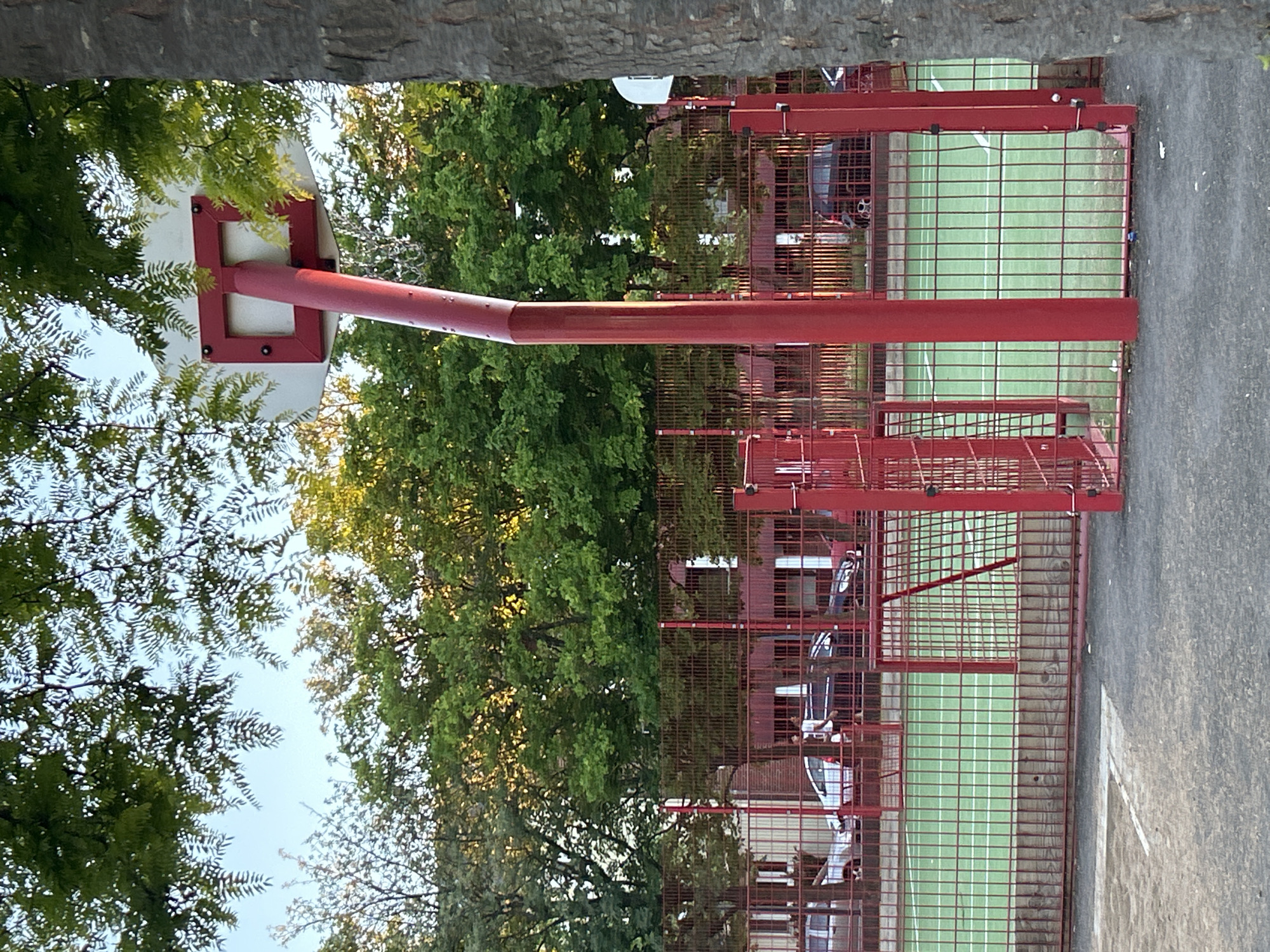 An outdoor basketball court with a bright green surface and white boundary lines is partially enclosed by a red metal fence. A red metal basketball hoop pole, bent near the top, supports a white backboard with a red frame. Several mature trees with green foliage are visible in the background, casting dappled shadows. A few cars are parked behind the fence. The scene appears to be in a residential area.