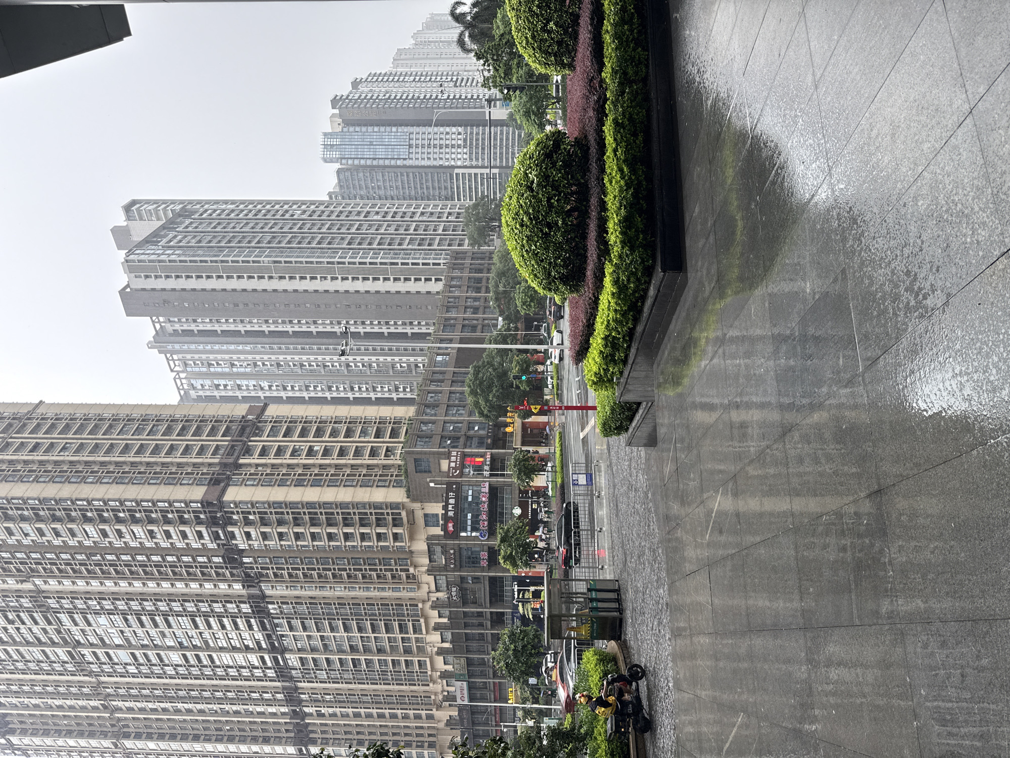 The image depicts a city street scene in Tianhe District, China, on a cloudy, possibly rainy day. In the foreground, a wet, gray tiled pathway reflects the surrounding environment. To the left, a person on a black electric scooter with a yellow box on the back is riding across the pathway. Further back, a street with cars and traffic lights is visible. Several tall, modern buildings dominate the background, showcasing a dense urban landscape. In the mid-ground, a well-maintained planter box with lush green bushes and reddish-purple foliage adds a touch of nature to the concrete jungle. The sky is overcast, contributing to the muted lighting of the scene.