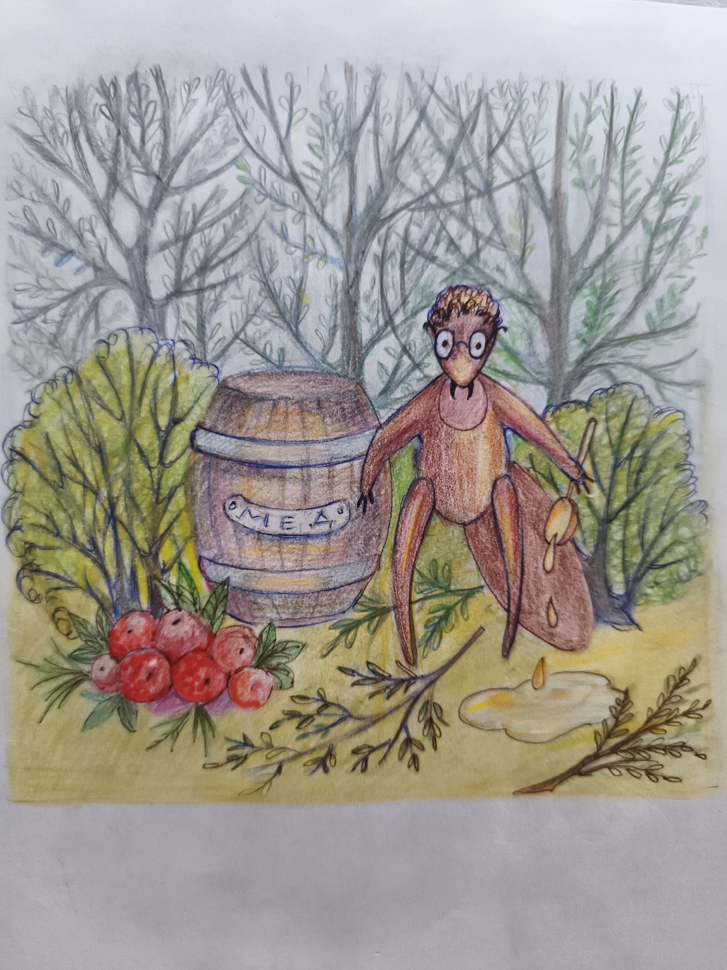 The image is a colored pencil drawing of a whimsical scene set in a forest-like environment. In the foreground, there are several red apples arranged with green leaves and sprigs. To the right of the apples is a wooden barrel with blue trim, labeled with the Cyrillic word "МЕД" (honey). To the right of the barrel stands a brown, anthropomorphic creature with large, round glasses, a pointed snout, and sharp teeth. It has thin limbs and appears to be sitting, with one leg tucked beneath it and the other extended. The creature holds a wooden stick with a dollop of yellow substance on the end, possibly representing honey. A brown, irregular-shaped object lies beside the creature, also with yellow droplets. In the background, there are numerous thin, grey tree branches with sparse green leaves, creating a somewhat bare and delicate canopy. The ground is colored a pale yellow, suggesting dry earth or grass. The overall atmosphere is fantastical and illustrative, depicting a character potentially interacting with a honey barrel and its contents. The image does not contain any discernible elements that would place it in the city of Saint-Denis, France.