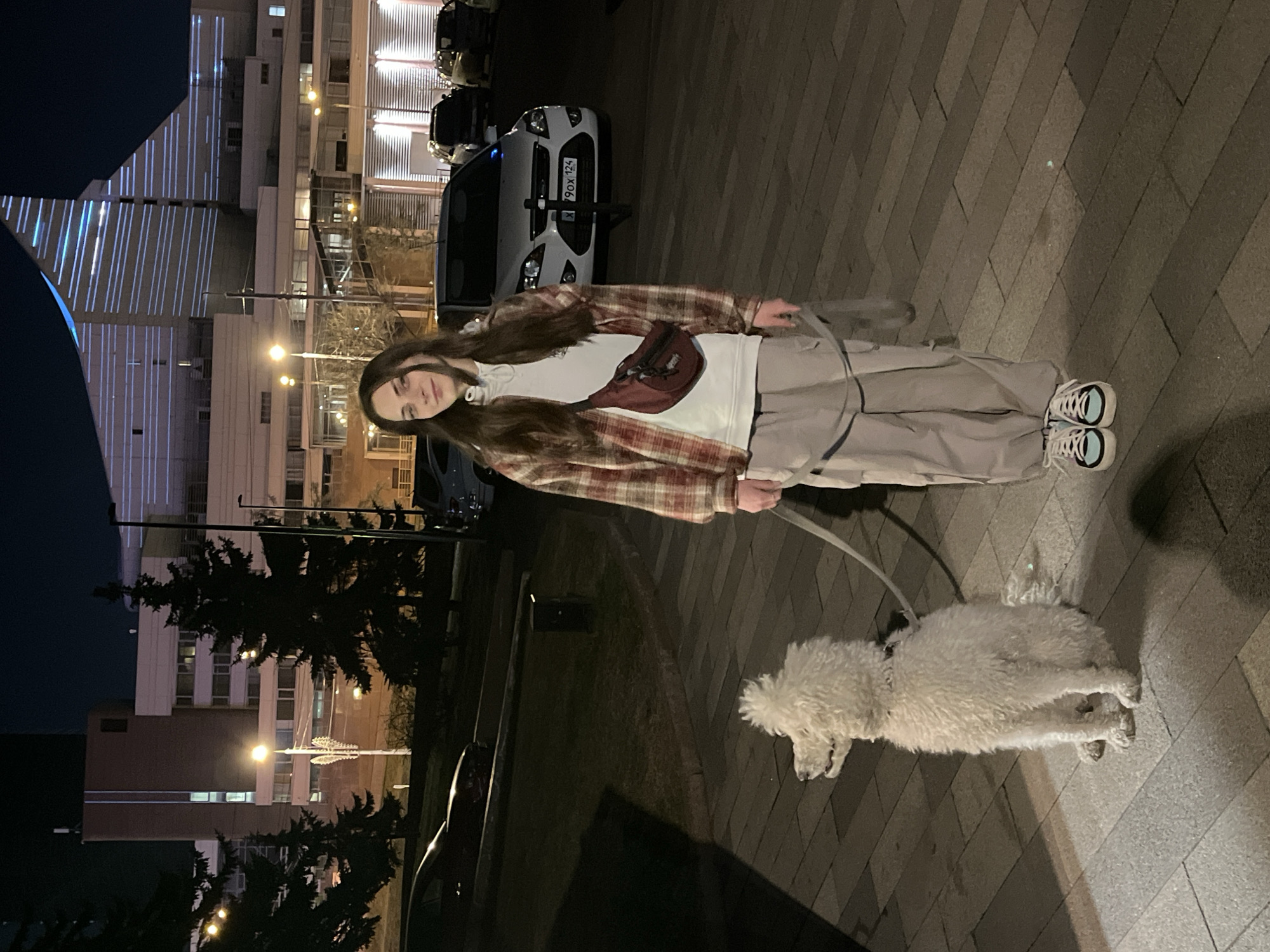 A full-shot nighttime photograph captures a young woman walking a white, fluffy dog on a leash on a paved sidewalk. The woman stands upright, looking towards the viewer with a neutral expression. She has long, dark hair and is dressed in a light-colored long-sleeved top, a red and brown plaid overshirt, light beige cargo pants, and white sneakers with light blue details. A dark red fanny pack is worn across her chest. The dog, with curly white fur, is positioned to her right, looking downwards.
The scene is an urban environment, dimly lit by artificial light sources. The ground is a tiled pavement. In the background, several buildings are visible. To the left, a modern building features distinct vertical blue strip lights on its facade. To the right and behind the woman, parked cars are visible, including a white car directly behind her. This car's license plate clearly displays "X 90X 124," indicating the Krasnoyarsk Krai region of Russia. Streetlights illuminate parts of the background, and several trees are scattered around, silhouetted against the night sky and building lights. The overall atmosphere is calm, suggesting a routine evening walk.