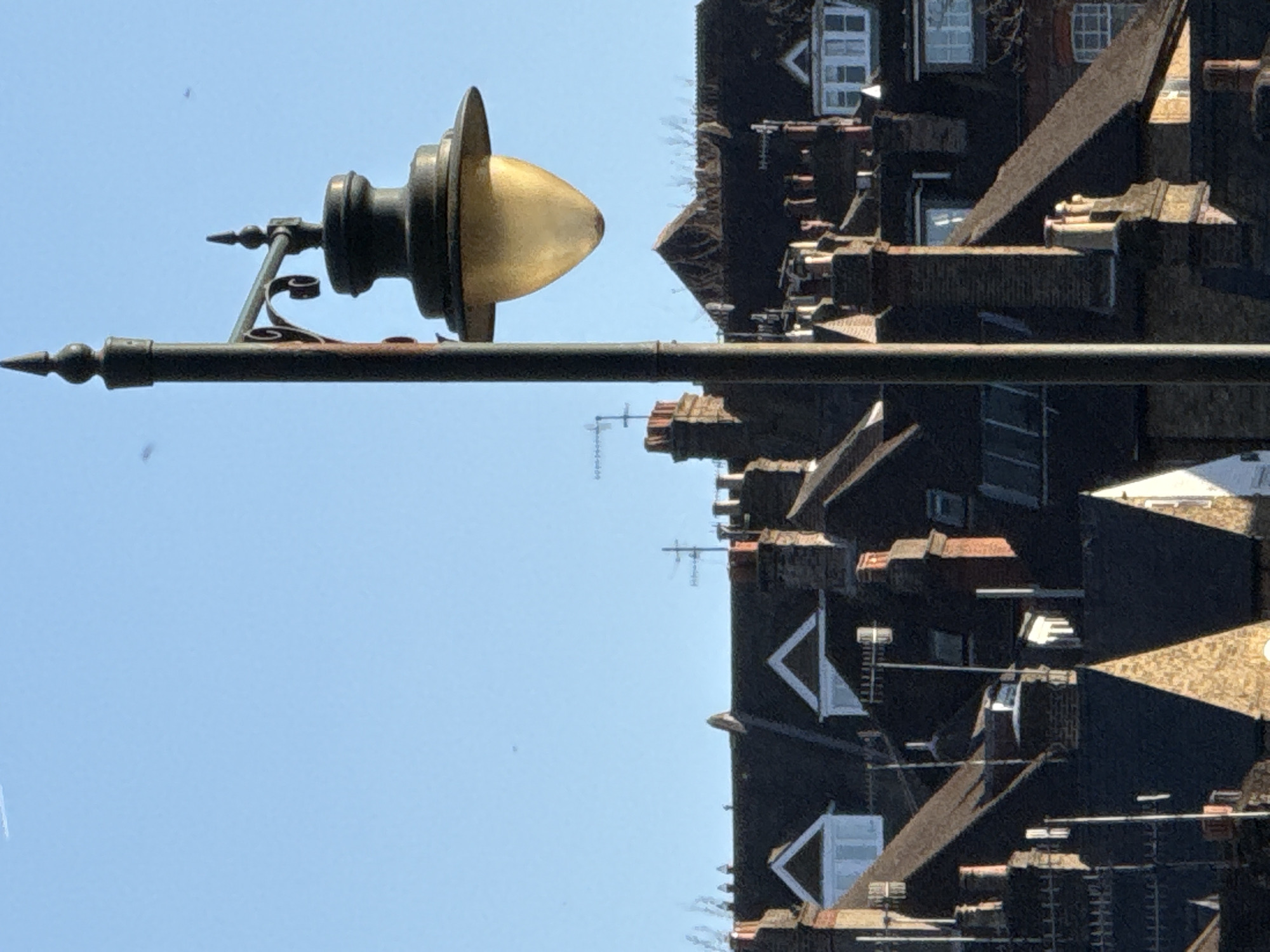 The image shows a street lamp against a blue sky, with a background of buildings with various chimneys and rooftop windows. The buildings suggest a residential area. Without further information, it is not possible to accurately determine the exact location within Dacorum, United Kingdom.