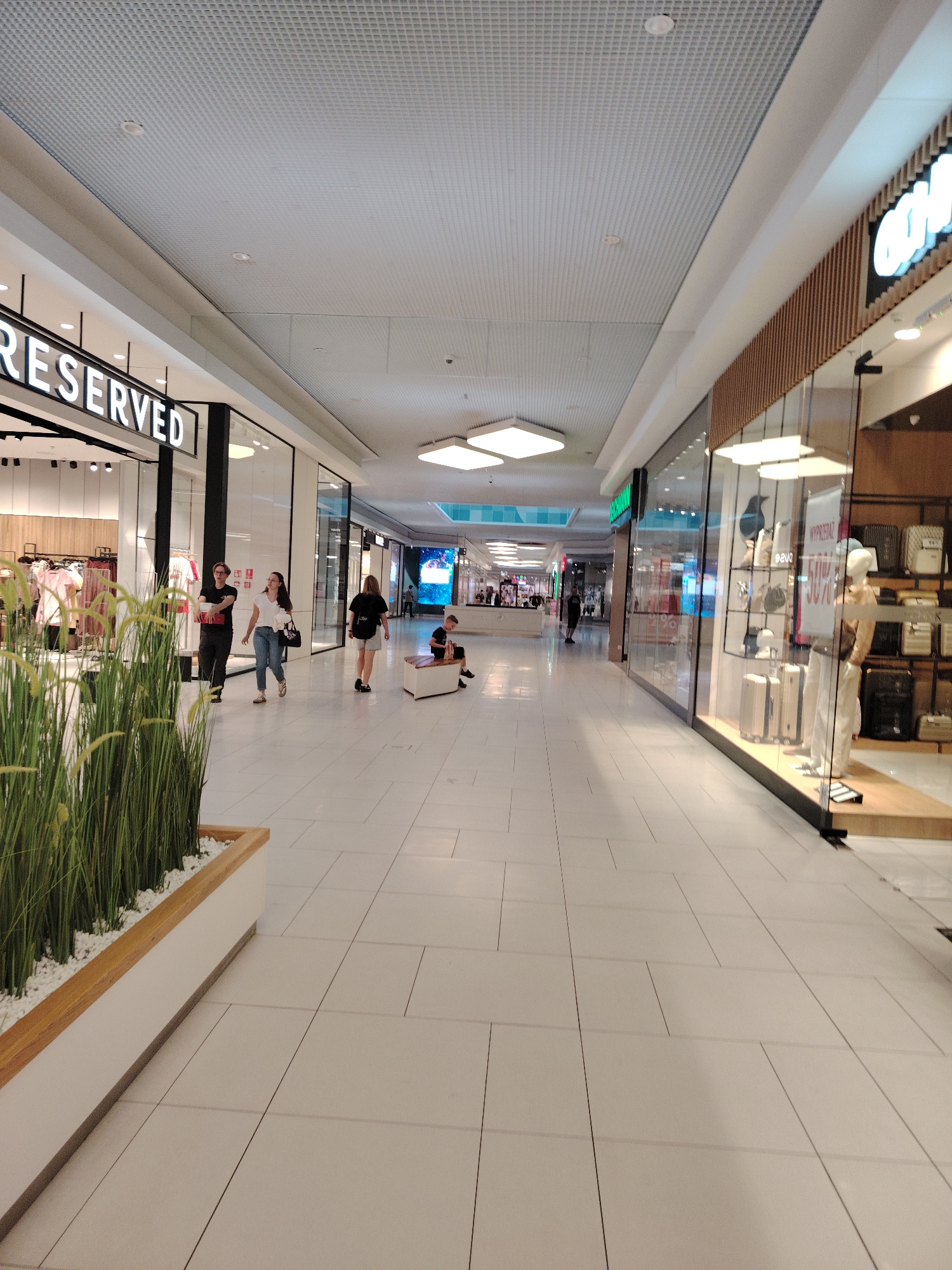 The image depicts an indoor shopping mall with a modern, well-lit interior. The scene is captured from a low-angle perspective, looking down a wide, tiled walkway. On the left, a store with the prominent "RESERVED" signage is visible, showcasing clothing racks inside. In the foreground, a planter filled with tall green grass adds a touch of nature to the sterile environment.
Several people are present, walking along the corridor. Two individuals, a man and a woman, are walking together towards the viewer, carrying bags. Further down the mall, another woman in a black t-shirt and shorts is walking away. In the distance, a young boy sits on a bench, looking at his phone.
The mall's architecture features a grid-patterned ceiling with recessed lighting and square, illuminated ceiling panels. The floor is made of large, light-colored tiles with thin dark grout lines. The right side of the walkway is lined with shopfronts, one of which displays mannequins and luggage, with a sign indicating a "WYPRZEDAŻ" (sale) with "50%" highlighted. The overall atmosphere appears calm and everyday, suggesting a typical shopping day. The lighting indicates it is daytime, and the indoor setting means weather is not a factor. The location is identified as Wołomin, Poland.