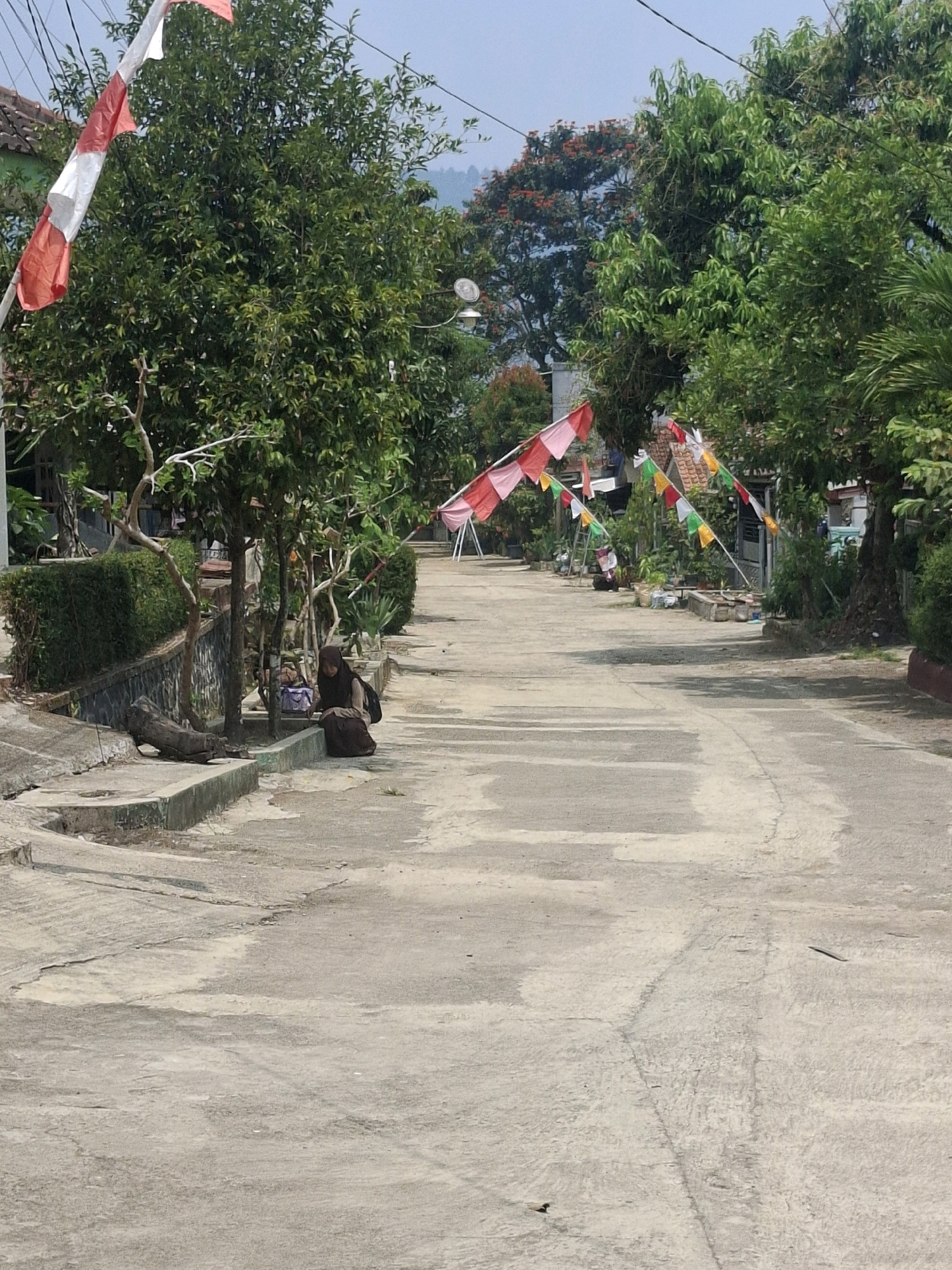 In Ciheulang Tonggoh, Indonesia, a street scene unfolds under a clear sky. The road, paved with concrete, stretches into the distance, lined with trees and houses. Red and white Indonesian flags, along with colorful triangular banners, decorate the scene, suggesting a celebration or national event.
On the left side of the road, a woman wearing a dark hijab and traditional clothing is seated next to a drainage ditch, beside a pile of objects including a purple bag. Nearby, a log lies at the edge of the ditch. Several trees, some with lush green foliage and others with red blooms, provide shade along the street.
In the background, more houses and trees are visible, with a hilly landscape in the far distance. The overall atmosphere is peaceful and suggests a rural or suburban setting in Indonesia.
