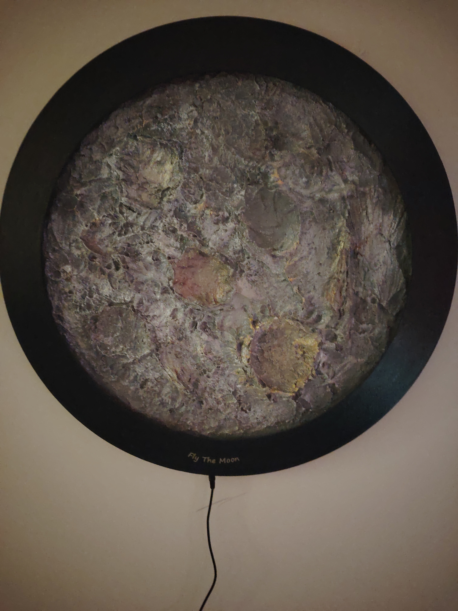 An overhead, slightly angled photographic depiction captures a circular, framed art piece or illuminated decor, affixed to a planar, light-toned wall. The object features a wide, matte black circular frame encompassing a highly textured, three-dimensional surface, mottled with varying shades of grey, muted purples, greens, and earthy browns, suggestive of a topographical lunar landscape with distinct depressions and elevations. White sans-serif text reading "Fly The Moon" is present on the lower arc of the black frame. A thin, black electrical cord extends vertically downwards from the center bottom of the frame, disappearing out of the lower edge of the frame. The wall itself is uniform in color and texture, with subtle variations in brightness indicating ambient indoor lighting. The scene is devoid of human presence or interaction. This visual data is documented within Huntingdonshire, United Kingdom.