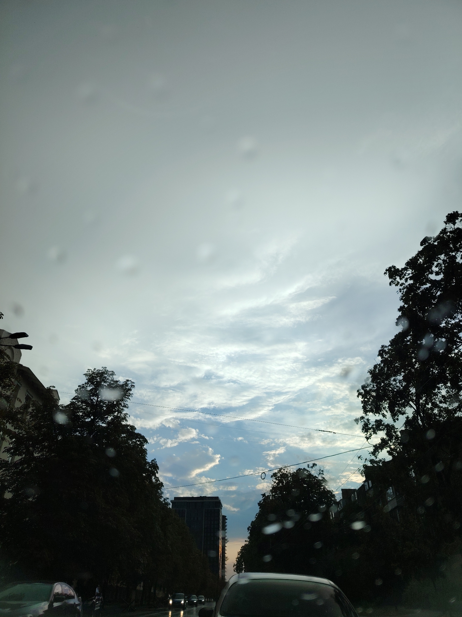The image depicts a street view in Kyiv, Ukraine, likely during overcast weather with some rain visible as water droplets on the lens. The perspective is from inside a vehicle looking upwards and outwards. In the foreground, the windshield or window shows numerous circular water spots.
The street is lined with buildings and trees. On the left, a multi-story building with architectural details is partially visible, along with streetlights. A dense row of trees, silhouetted by the sky, runs along the street. In the distance, modern high-rise buildings can be seen.
The sky is a prominent feature, filled with a mix of grey clouds and patches of blue sky where sunlight is breaking through, creating a dynamic and somewhat dramatic atmosphere. Thin electrical wires are strung across the sky between utility poles, a common sight in urban environments.
Several cars are visible on the road, with their headlights illuminated, suggesting it might be late afternoon or early evening, or simply a dark, cloudy day. The overall impression is one of an urban setting experiencing inclement weather.