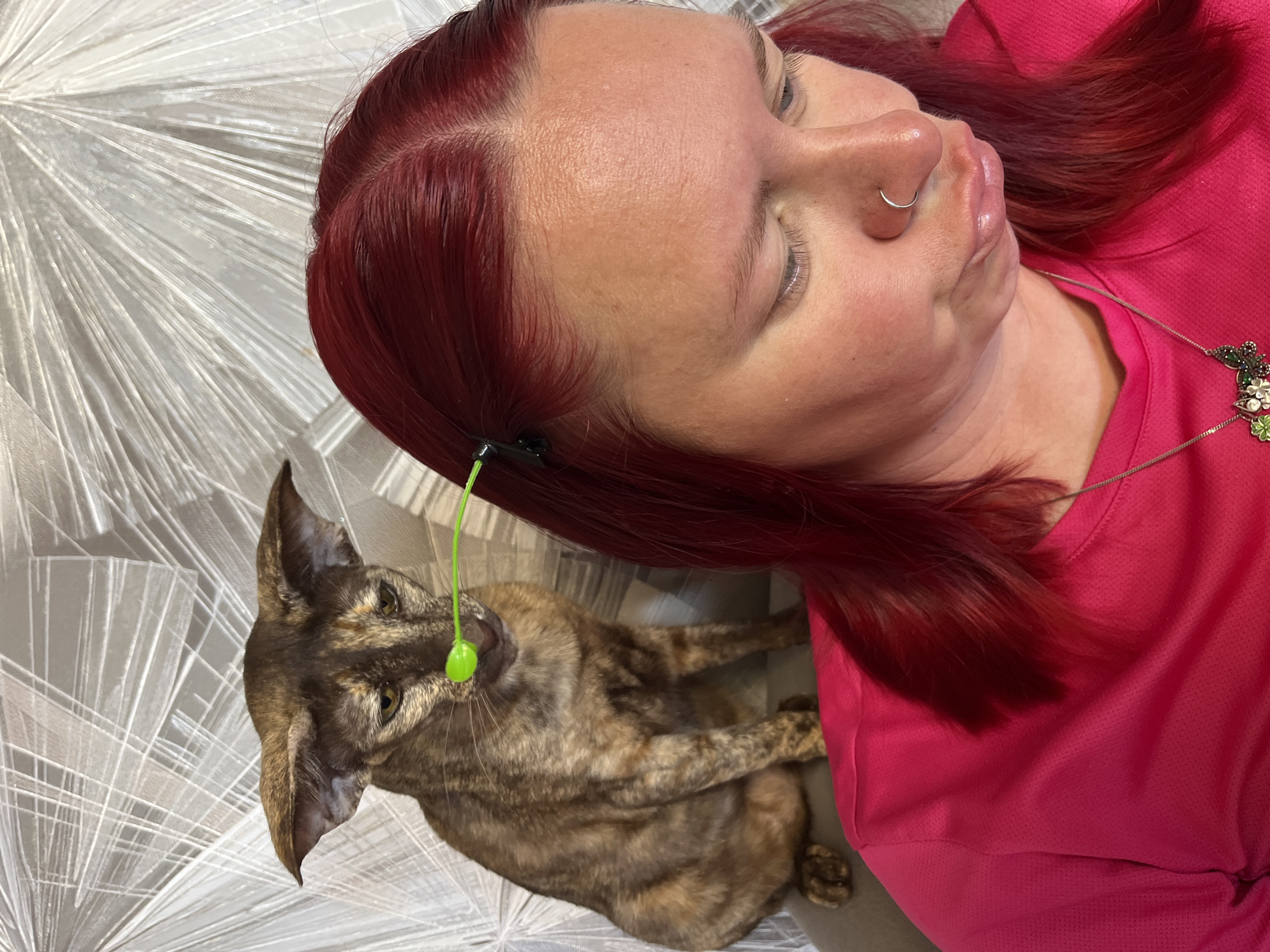 A woman with red hair and a nose ring lies on a surface patterned with intersecting white lines, while a brown and tan patterned cat sits nearby with a green cat toy positioned near its face. The woman is wearing a pink shirt and a necklace with a clover-shaped pendant. The environment appears to be indoors with no immediately identifiable elements indicating the specific location in the city of Chaikovsky, Russia.