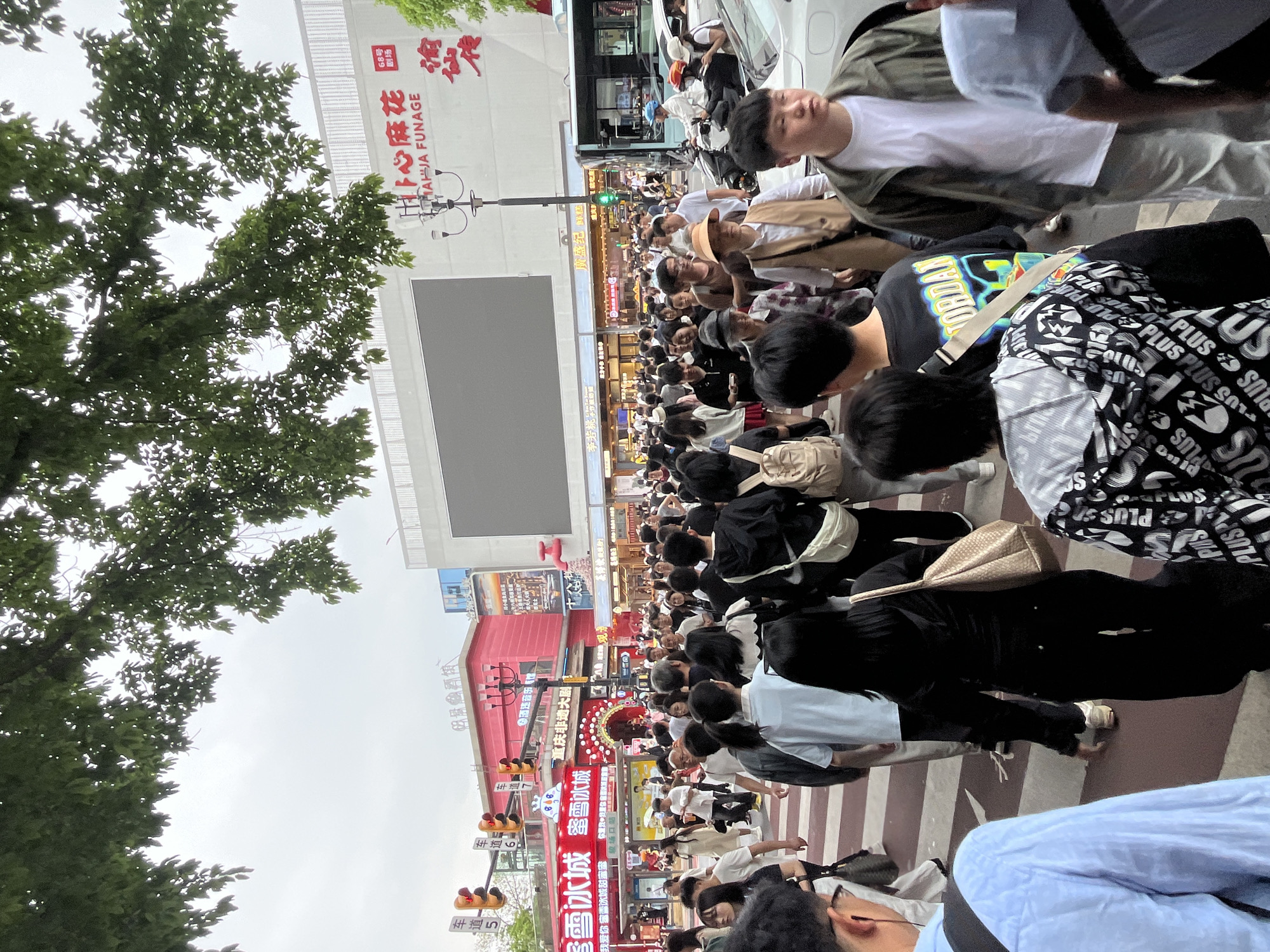 This busy street scene captures a vibrant urban commercial district, likely in Yuzhong District, Chongqing, China, given the visible Chinese text and context. A large crowd of people, predominantly young adults, fills the street and a prominent crosswalk in the foreground, engaged in walking, congregating, and exploring.
The image is taken from a slightly elevated perspective, looking down into the bustling area. Lush green trees line the left side, contrasting with the bright, overcast sky. Buildings dominate the background and right side, featuring multiple illuminated commercial signs and a large, blank advertising screen. A striking red building with traditional architectural details houses the "重庆非遗大剧院" (Chongqing Intangible Cultural Heritage Grand Theater) and "酒速音乐馆" (Jiusu Music Hall). Above it, another building displays "开心麻花" (Kaixin Mahua) and "FUNAGE".
Traffic lights with visible red and green signals, along with streetlights, punctuate the scene. The popular beverage chain "蜜雪冰城" (Mixue Bingcheng) is prominently advertised with several signs, one featuring the slogan "我爱你 蜜雪冰城甜蜜蜜 你" (I love you Mixue Bingcheng sweetie, you). Other discernible text includes "车道5", "车道6", "车道7" (Lane 5, Lane 6, Lane 7) on street markers, and brand names like "PLUS" and "TORDAN" on clothing worn by passersby. The daytime setting is characterized by soft, diffused light from the overcast sky, creating a lively but not harsh atmosphere.