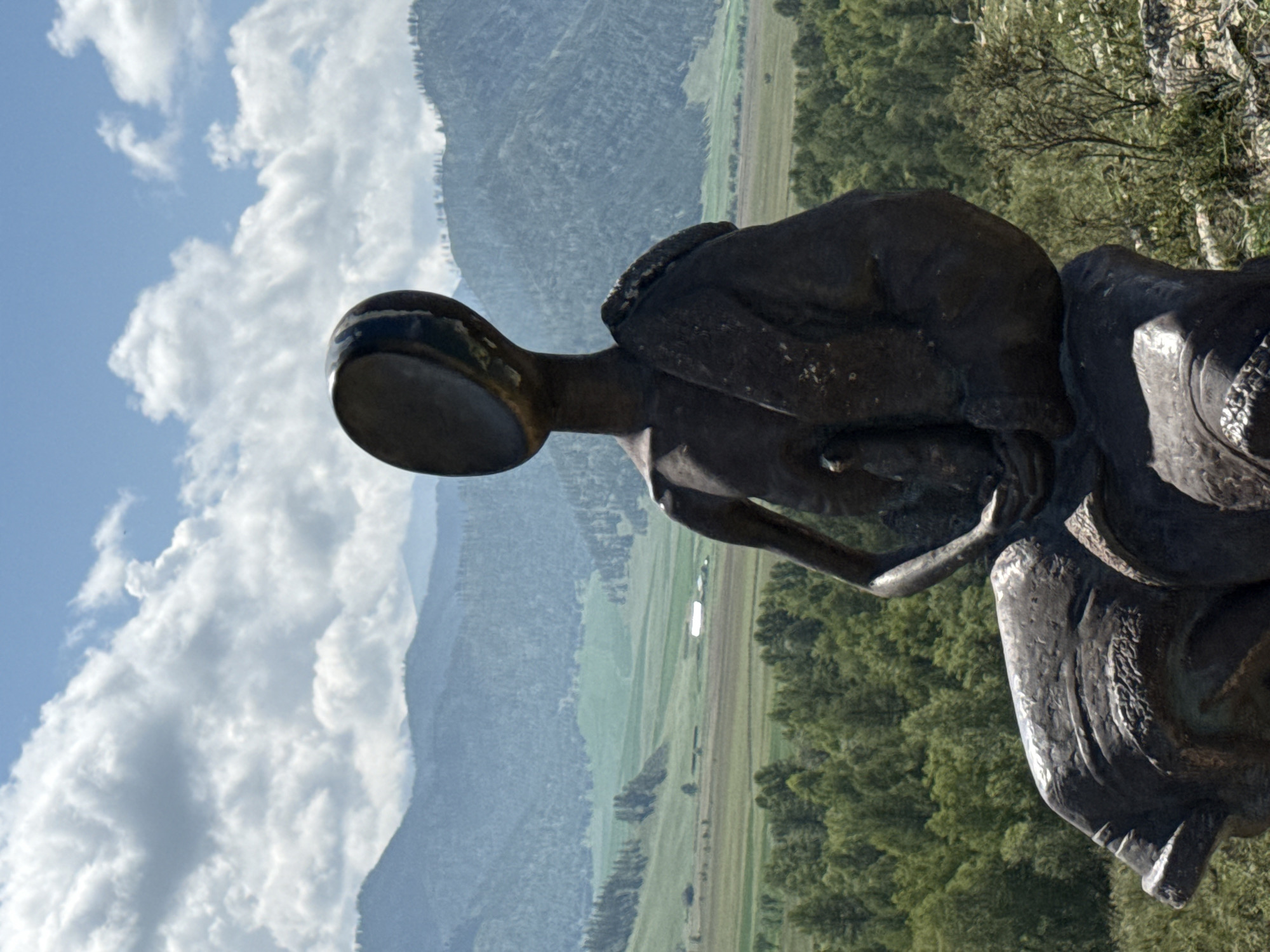 A dark bronze statue of a figure with an abstract, disc-shaped head sits on a rocky outcrop overlooking a valley. The figure is seated, with its torso angled slightly to the left and its head turned to face the same direction. It wears a draped garment over its shoulders and arms. The statue's right arm rests on its lap, holding a small, undefined object. The background features rolling green hills and mountains under a partly cloudy blue sky. A dense forest borders the valley, with fields and a distant structure visible. The statue is situated in the Bichiktu-Boom area of Russia, known for its natural beauty and sculptures.