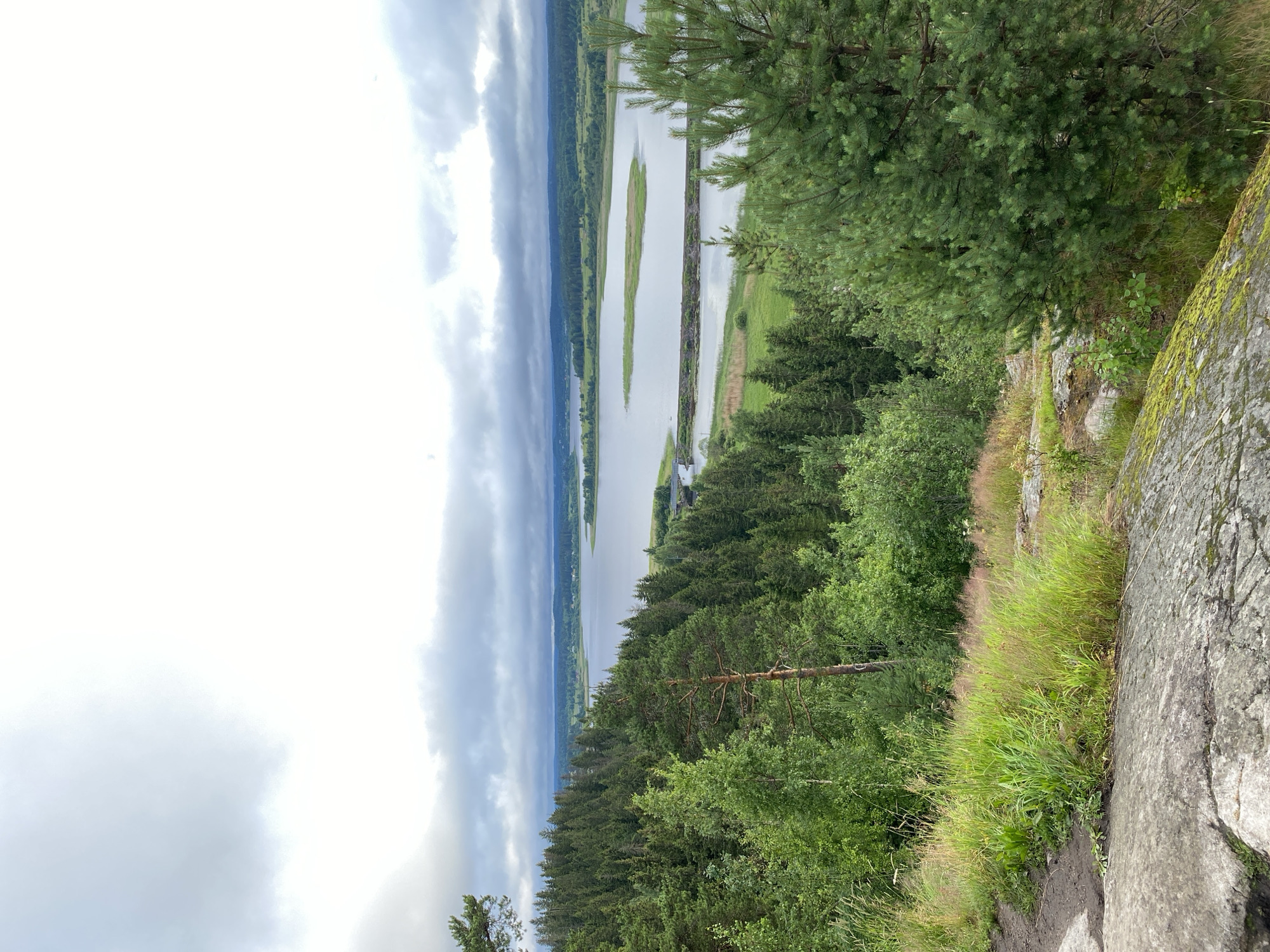 An elevated, wide shot captures a serene natural landscape under a cloudy sky in Khelyulya, Russia. The foreground is dominated by large, moss-covered rocks and a patch of dry grass. A dense evergreen forest stretches across the middle ground, with varying shades of green and the occasional tall pine tree. Beyond the forest lies a tranquil lake, with a thin, man-made structure, possibly a dam or bridge, crossing it. The lake is dotted with small, green islands. The background reveals rolling hills covered in more vegetation and distant buildings, suggesting a rural or semi-rural setting. The overall atmosphere is peaceful and overcast.