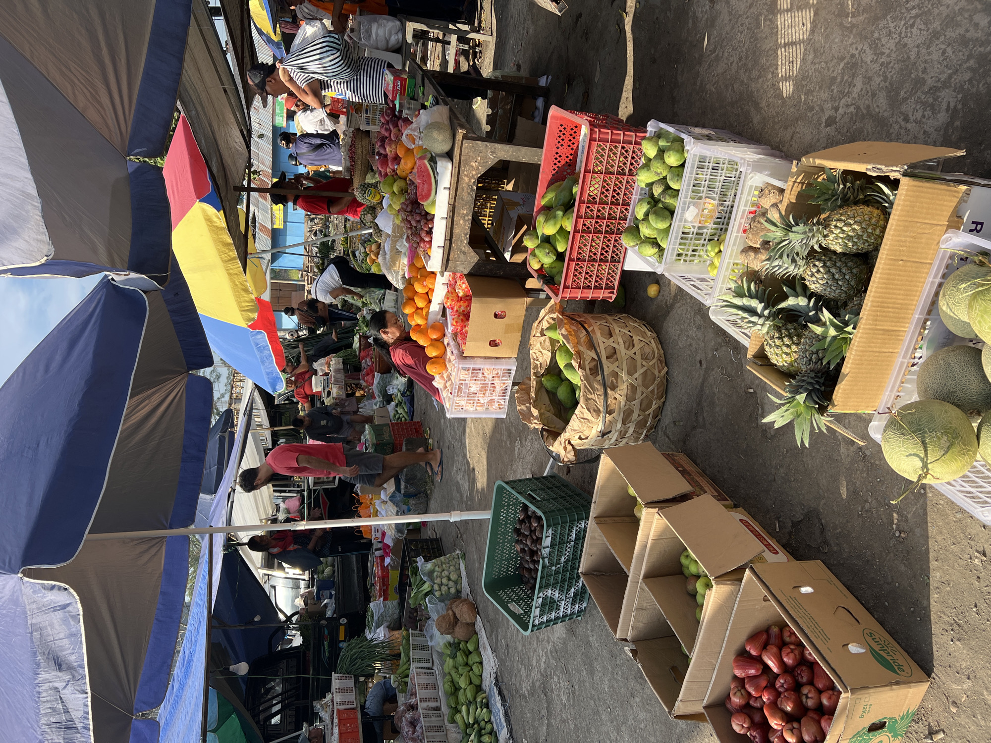 An outdoor market scene in Ubud District, Indonesia, displays a vibrant assortment of fresh fruits and vegetables. Multiple stalls, shaded by large, colorful umbrellas, are set up along a paved ground. In the foreground, a cardboard box is filled with red rose apples, while other boxes and baskets hold pineapples, melons, mangoes, and various other fruits and vegetables. Several people are visible, some attending to their stalls and others browsing. The atmosphere is lively, suggesting a typical market day.
