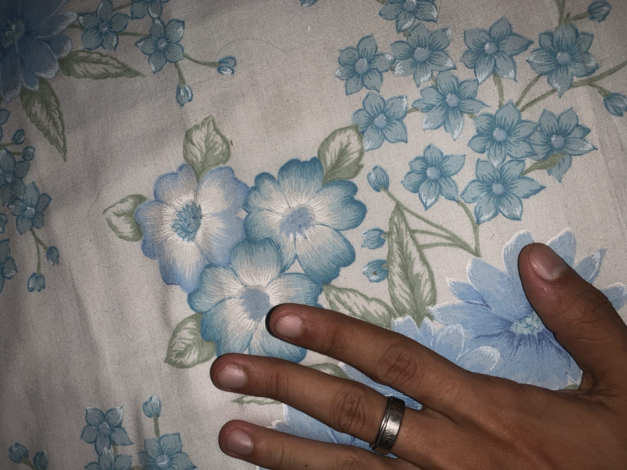 The image displays a close-up of a person's right hand resting on a light-colored fabric with a floral pattern, likely a bedsheet or tablecloth. The hand, with a brown skin tone, is positioned in the lower right portion of the frame, with the fingers extending towards the upper left. A silver-colored ring with two parallel grooves is worn on the ring finger. The fingernails are natural and unpolished.
The fabric features a dense pattern of blue flowers with white highlights and green leaves and stems. The flowers vary in size and arrangement, with some appearing as individual blooms and others clustered together. The background of the fabric is a light, muted off-white or beige color with a visible woven texture, suggesting a textile material. The lighting appears to be artificial, casting soft shadows that define the contours of the hand. No specific activity is depicted beyond the hand resting on the fabric. The scene suggests an indoor, domestic setting in Santa Ana, Venezuela. No text is visible in the image.
