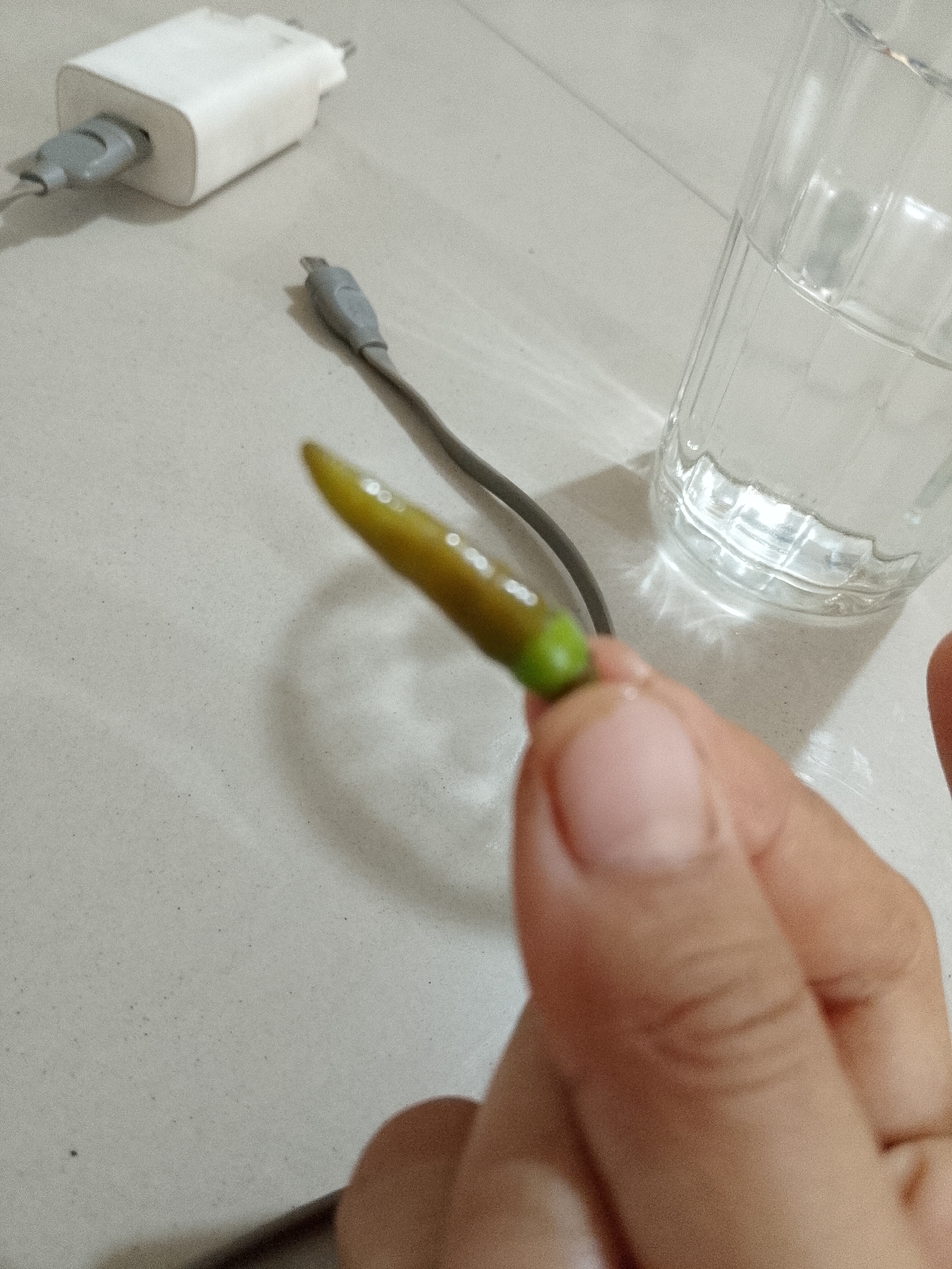 A close-up shot shows a person's hand holding a small, green chili pepper. The chili is mostly a yellowish-green, with a vibrant green tip. In the background, a white phone charger with a gray USB cable is visible, along with a glass of water and a patterned tile floor. The lighting suggests an indoor setting, likely in Lhokseumawe, Indonesia.