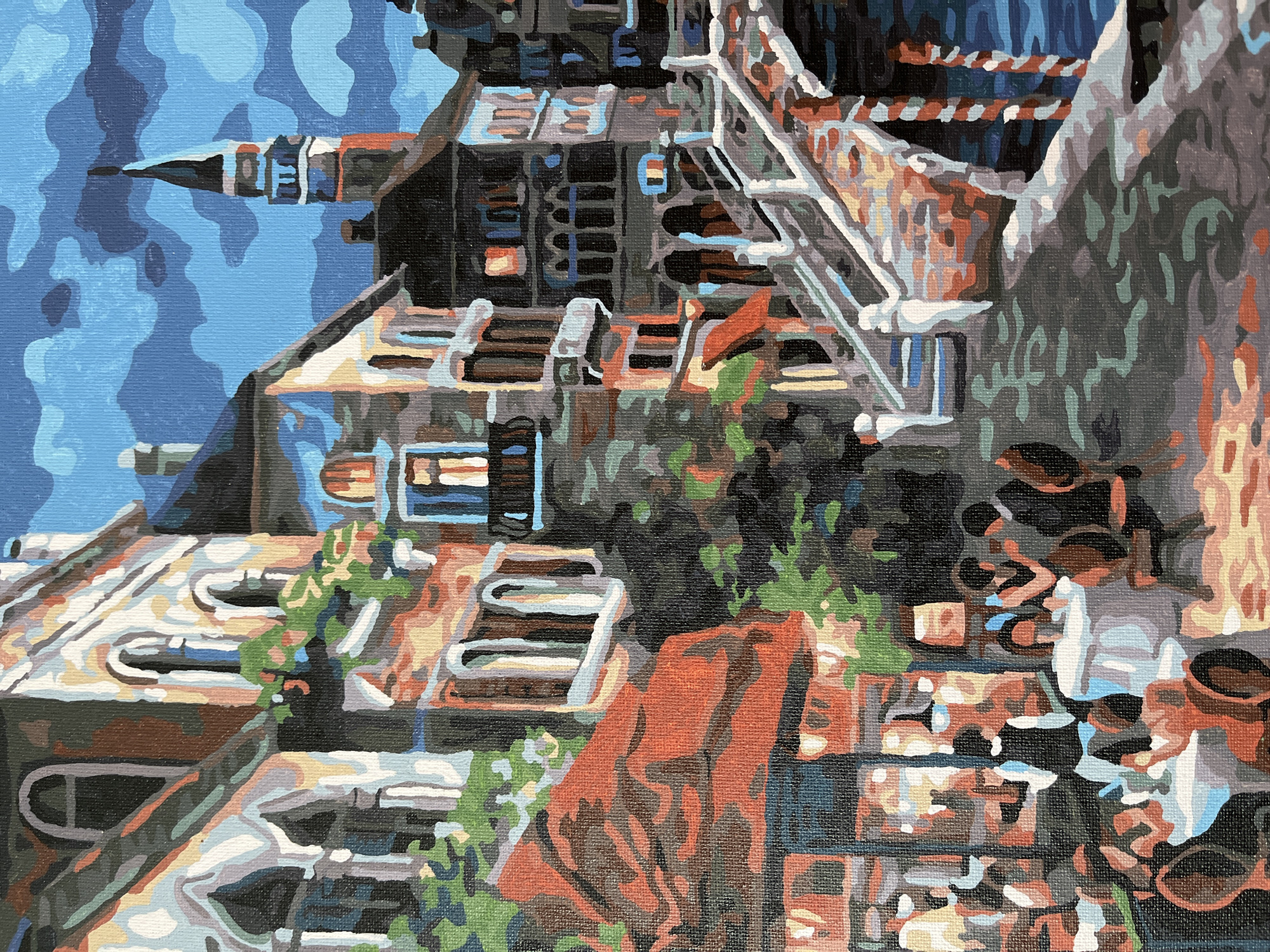 This is a painting of a canal in Venice, Italy. The scene depicts buildings with ornate architecture along a canal, with a bridge crossing over the water. People are seated at tables outside a cafe or restaurant, some interacting while others appear to be dining. The sky is depicted with dramatic clouds. The style of the painting is characterized by bold brushstrokes and a vibrant color palette, suggestive of a paint-by-numbers artwork.