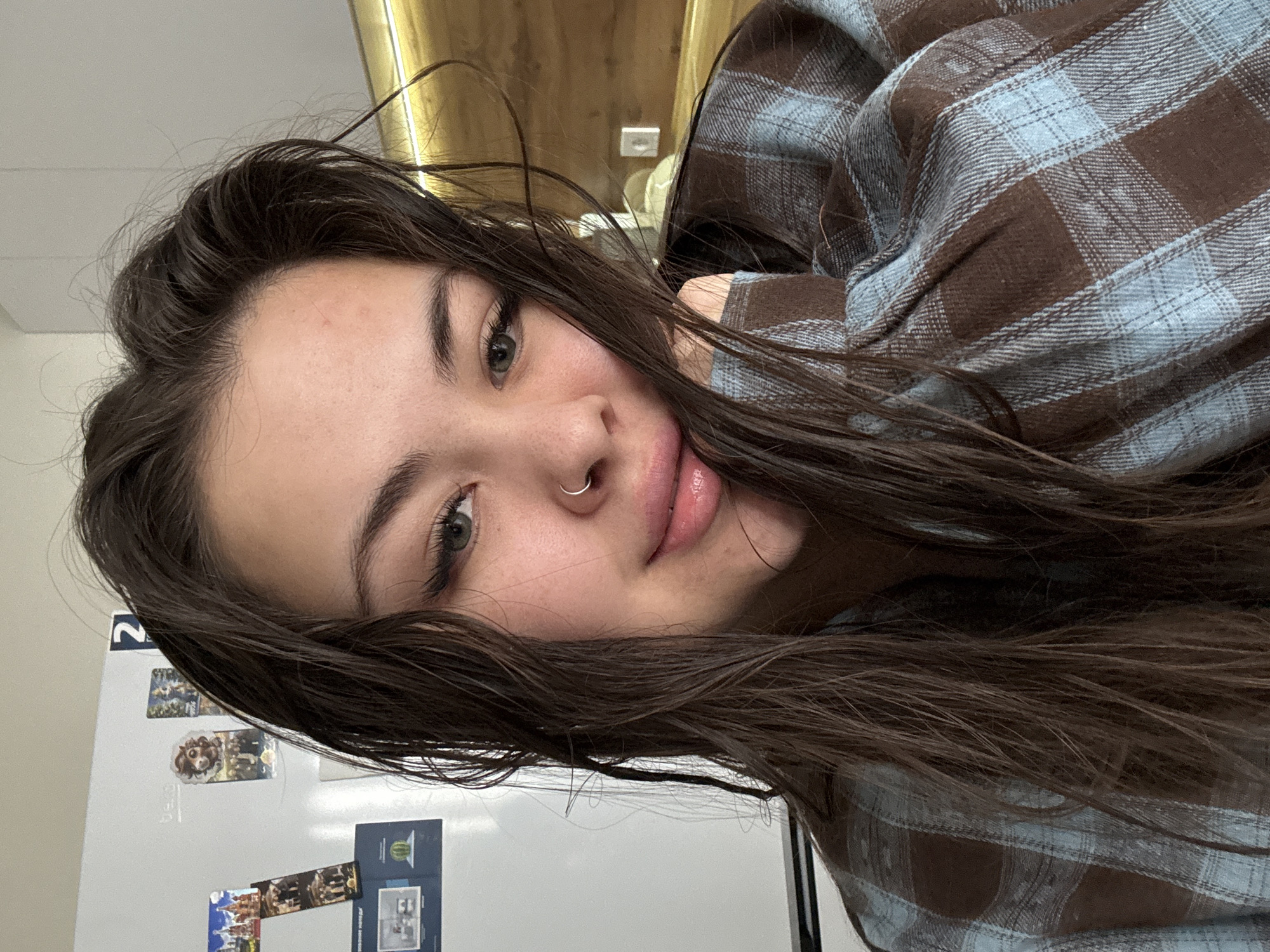 A young woman is depicted in a close-up, rotated portrait, appearing to lie on her right side or with her head tilted significantly to the left. She looks directly at the camera with light-colored, possibly green or hazel, eyes and a soft, neutral expression. Her long, dark brown hair, which appears slightly damp or naturally wavy, cascades around her head and shoulders. She wears a small silver hoop nose ring in her left nostril and is dressed in a brown and light blue plaid flannel shirt.
The background reveals elements of a domestic setting. In the upper-right portion of the image, a light wooden paneling, possibly a ceiling or accent wall, and a white electrical outlet are visible. In the lower-left, a white refrigerator is covered with various decorative magnets. These magnets include cartoon characters, such as a brown dog-like figure, scenic landscapes, and a graphic featuring a watermelon. Partial text and numbers are discernible on some magnets, including the number "2" and what might be Cyrillic script. The lighting is bright and artificial or indoor natural light. The overall scene suggests a casual, intimate moment captured indoors, likely in a home in Bugry, Russia.