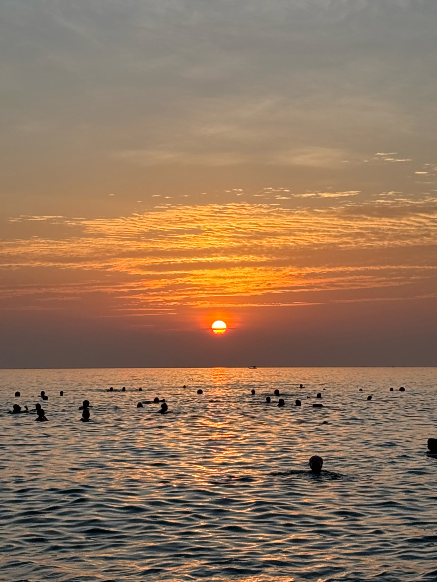 The image captures a serene sunset over the ocean in Nha Trang, Vietnam. The sky is a gradient of soft oranges, yellows, and grays, with scattered clouds that are illuminated by the setting sun. The sun itself is a vibrant orange orb, low on the horizon, casting a warm glow across the water. The sea is calm, with gentle ripples reflecting the colors of the sky.
Scattered throughout the water are numerous people, their heads and shoulders visible as they swim or float. They appear to be enjoying the twilight swim. Some are closer to the foreground, while others are further out, creating a sense of depth in the scene. The silhouettes of the swimmers are dark against the bright reflection of the sun on the water. In the distance, a few small buoys or markers are visible, and what appears to be a distant boat on the horizon. The overall atmosphere is peaceful and tranquil, indicative of a popular beach location during sunset.