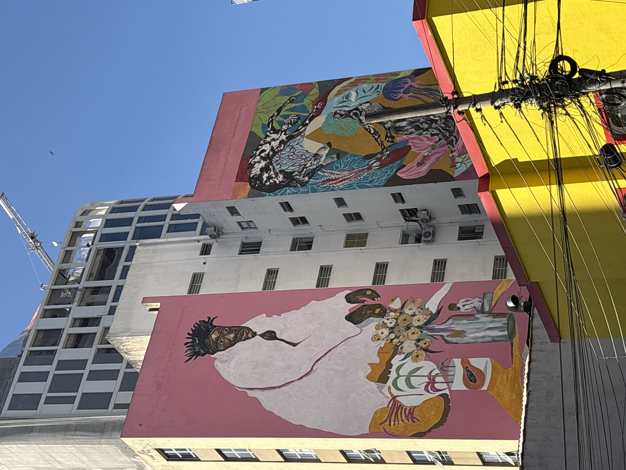 The image depicts a vibrant urban scene in São Paulo, Brazil, featuring two large murals on the sides of adjacent buildings. The mural on the left, painted on a pink facade, is a portrait of a Black man with dreadlocks, wearing a white coat and yellow boots, seated with a bouquet of flowers. The mural on the right, on a white facade, is an abstract and colorful depiction of various figures and elements, including what appears to be a leopard or jaguar, jellyfish, and organic shapes.
Behind these murals, a modern building under construction with a curved glass facade and scaffolding is visible, along with a crane. In the foreground, a bright yellow building with a red trim lines the bottom of the frame, partially obscuring the lower parts of the murals. A dense cluster of electrical wires and a utility pole dominate the lower right portion of the image, indicating a typical urban infrastructure element. The scene is set against a clear blue sky, suggesting a sunny day. The overall impression is a juxtaposition of art, ongoing development, and the everyday urban environment of São Paulo.