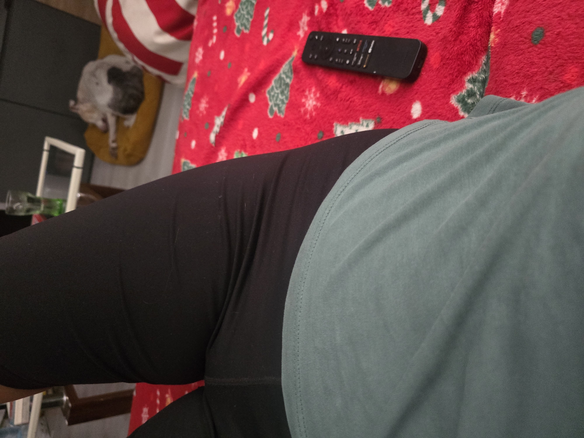 The image depicts a close-up view of a person's legs, clad in black leggings and a teal t-shirt, resting on a festive red blanket with a Christmas tree pattern. A black TV remote is visible on the blanket to the right. In the background, a dog is sleeping on a yellow dog bed, and a striped pillow is partially visible. A glass and a table are also in the background. The scene appears to be indoors, likely in a living room setting. There is no discernible information in the image to suggest a location in Golyanovtsi, Bulgaria.