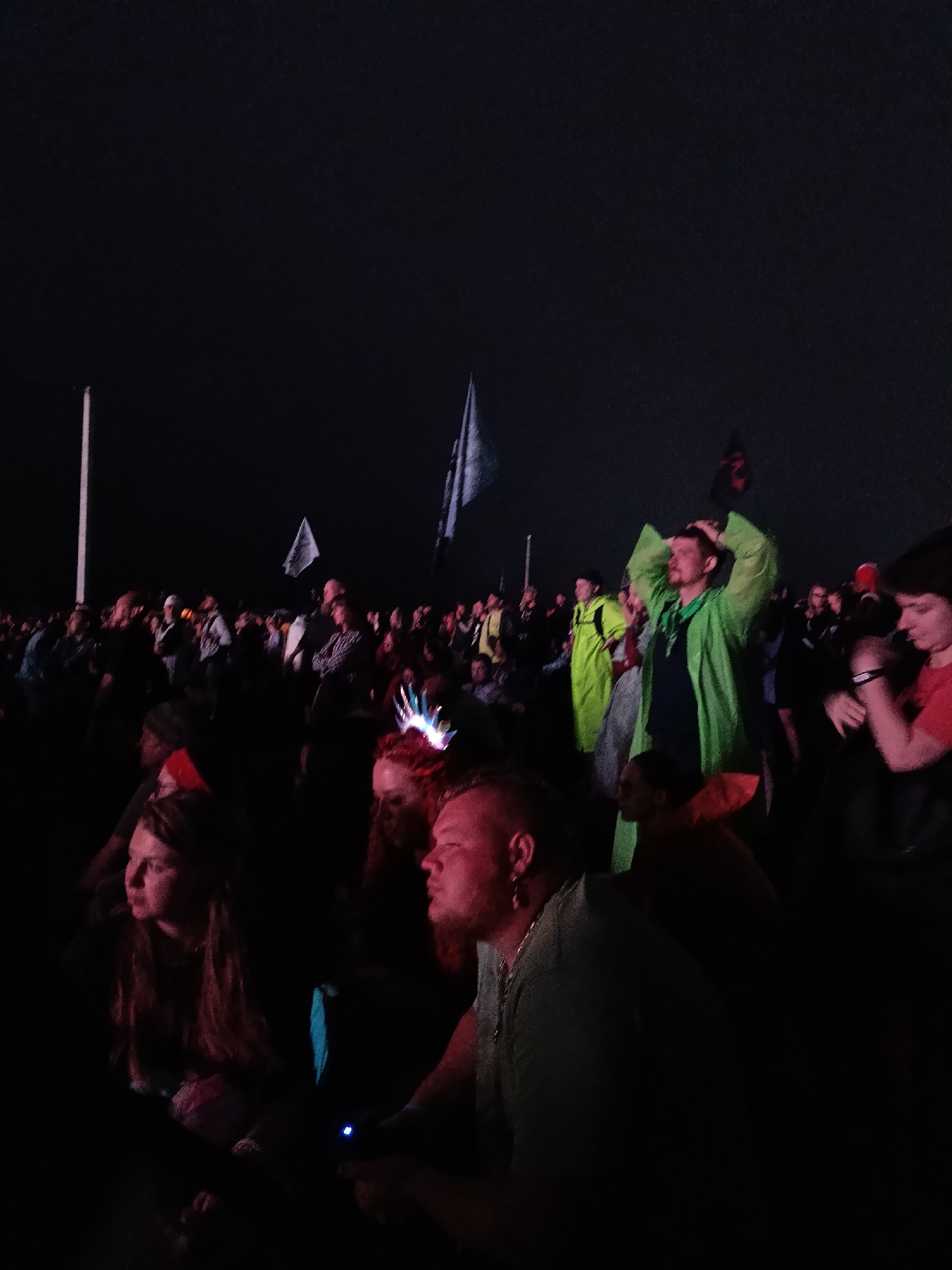 The image captures a crowd of people at night, possibly at an outdoor event or concert. The lighting is dim, with some figures illuminated by what appears to be stage lights or portable lighting. In the foreground, several individuals are visible, their faces partially obscured by darkness. One woman with long brown hair is looking to the left, her expression unreadable. Next to her, a man with short hair and a beard is looking forward, also in shadow. A man in a bright green hooded jacket is visible in the middle ground, with his hands raised to his head, suggesting he might be reacting to something. Behind him, other festival-goers are present, some holding flags. The backdrop is a dark, open space, consistent with an outdoor venue. There is no information available to indicate this scene is located in Lagunovo, Russia.