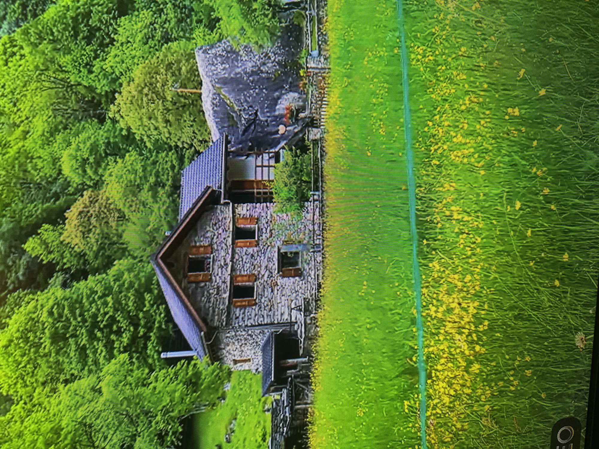 This is an image of a stone house with wooden shutters nestled against a lush green forest and a bright yellow flower field. There is a large rock formation behind the house. The scene is bathed in natural light, suggesting it is daytime. The image quality is low, with visible digital artifacts and scan lines, possibly indicating it was captured from a screen. There is no indication of the city of Kyiv, Ukraine, or any recognizable landmarks related to it. The image appears to be a landscape photograph or possibly a still from a video, with no people or discernible actions depicted. The foreground features a dense field of green grass interspersed with numerous small yellow flowers. A thin, horizontal blue line is visible across the field. The background is dominated by a densely wooded hillside in various shades of green, with the stone house positioned in the mid-ground. A small portion of a black object with white markings, possibly a logo or text, is visible in the bottom left corner.