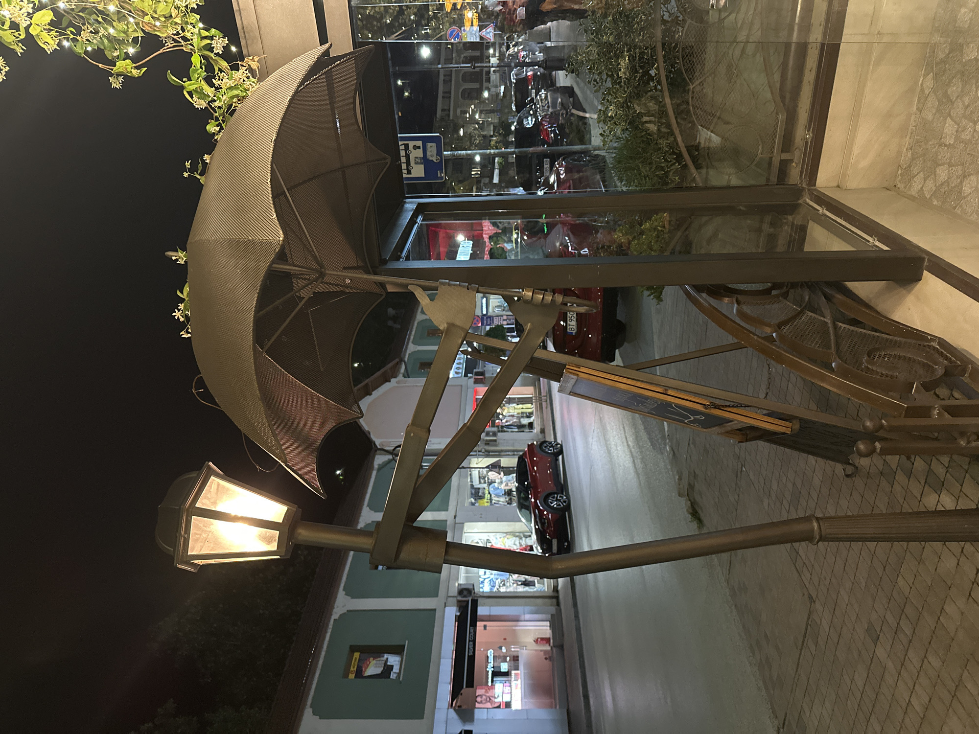 The image captures a scene on a street in Veliko Tarnovo, Bulgaria, likely at night. A decorative wrought-iron structure, combining an umbrella and a streetlight, dominates the foreground. The streetlight is illuminated, casting a warm glow. The umbrella element is positioned above the light and has vines with white flowers growing on it.
Behind the wrought-iron structure is a bus shelter, visible through the umbrella’s open frame. The bus shelter is made of glass and metal. Through the bus shelter's glass panels, the street is visible, with cars parked and driving. Buildings line the street, and shopfronts are illuminated, revealing signs and displays. The street surface is paved. The presence of lit shopfronts and vehicular traffic indicates that the scene is located in a commercial area. The light from the buildings reflects off of the street and the bus shelter glass.