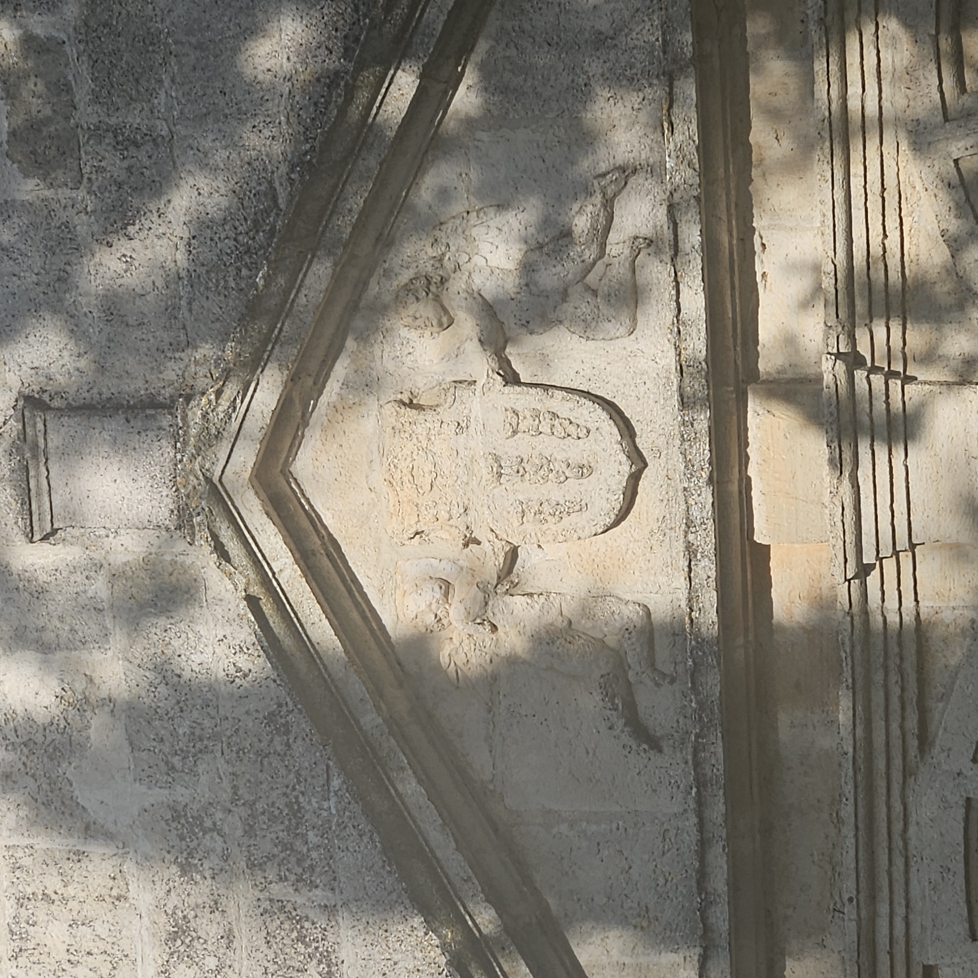 The image shows a section of a stone wall with carvings, located in Algora, Spain. The carvings are weathered and worn, but depict a heraldic shield with what appears to be an animal figure above it and another below. The shield seems to have some sort of inscription on it in three rows. The wall is built of light-colored stone blocks and is decorated with vertical stripes or fluting to the right of the shield. The image is lit by natural light, which casts shadows across the wall. The shadows are partly due to foliage, suggesting that there is a tree or shrub nearby.