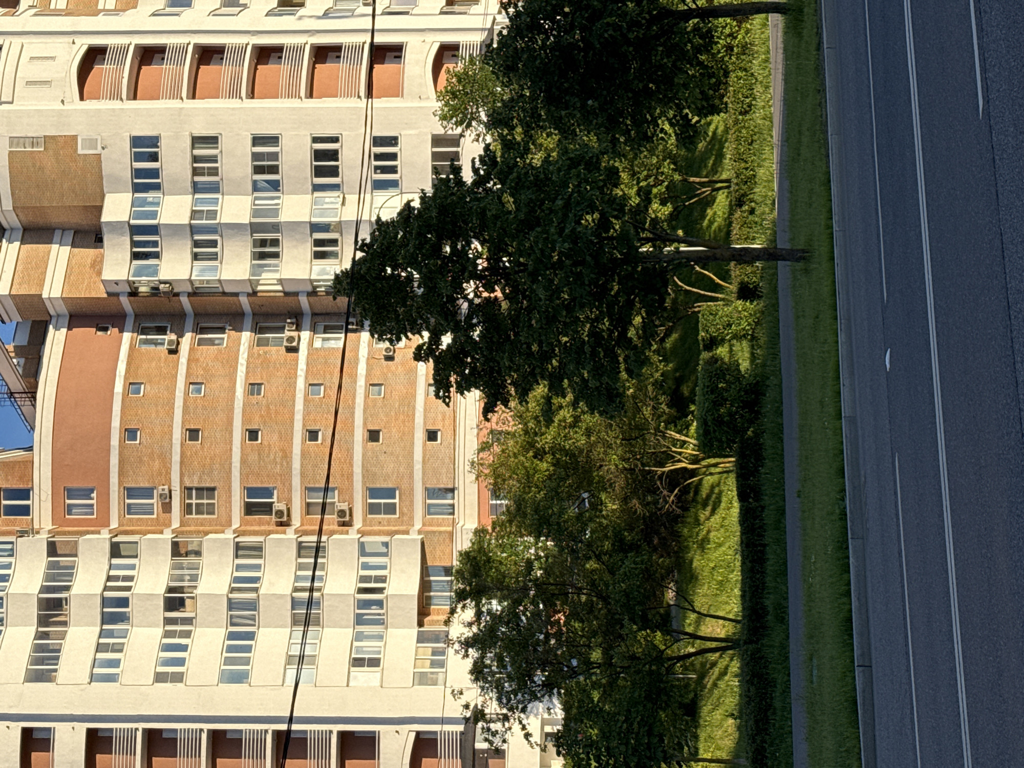 The image captures an outdoor scene dominated by a multi-story building, a row of trees, and a road, illuminated by bright sunlight.
The prominent subject is a tall, modern building on the left, featuring a mix of light-colored facade sections and reddish-brown brickwork. Its architecture includes several distinctive elements: some sections have regularly spaced, vertically oriented rectangular windows, while other parts exhibit a unique wave-like pattern of alternating light-colored panels and windows. The upper floors show balconies with vertical slatted railings. Numerous external air conditioning units are visible on the building's walls.
In the middle ground, several trees with dense, green foliage stand between the building and the road. They cast distinct, elongated shadows across a strip of vibrant green grass, indicating a sunny day.
To the right, a paved asphalt road stretches horizontally, marked by clear white double solid lines that delineate traffic lanes. A narrow shoulder or sidewalk runs alongside the road, separating it from the grassy area. A thin, dark utility cable runs vertically across the image, partially obscuring the building and trees.
The scene appears static, with no visible people or discernible activity. The bright light and sharp shadows suggest a clear sky and either morning or late afternoon sun. There is no visible text in the image. The setting conveys an urban or suburban environment.