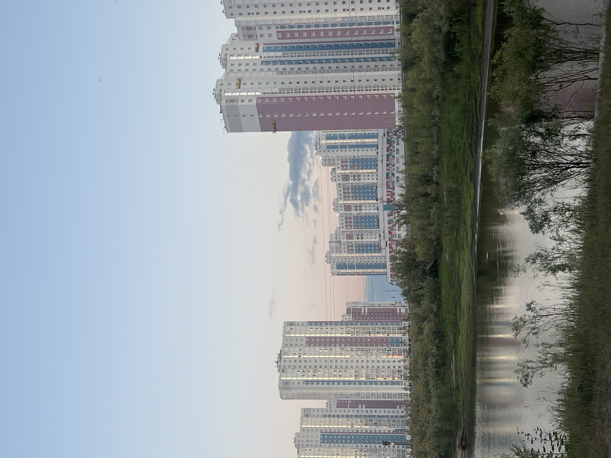 The image depicts a residential area with numerous tall, multi-story buildings, characteristic of modern urban development in Surgut, Russia. The buildings are primarily white with accents of pink and blue on their facades, featuring many windows. In the foreground, there is a body of water, likely a river or lake, with its surface reflecting the sky and the distant buildings. The banks of the water body are lined with green vegetation, including trees and grass. The sky above is a clear, pale blue, with some faint clouds and very subtle pink hues suggesting either dawn or dusk. There are no people or vehicles visible in the image. The scene is tranquil and appears to be a typical view of a new residential district in Surgut, possibly overlooking a natural water feature.