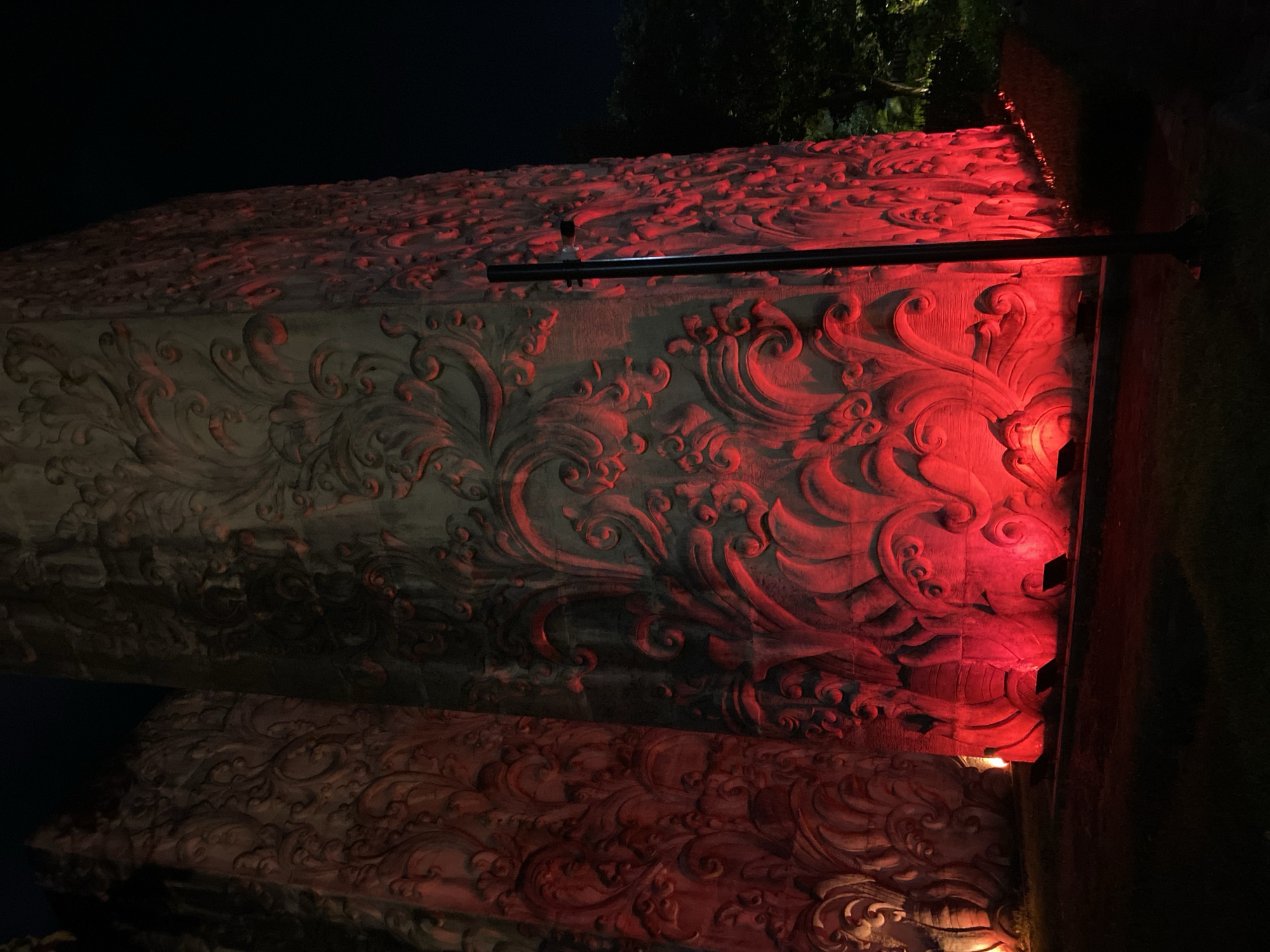 A nighttime, low-angle shot features two monumental, textured stone pillars illuminated by vibrant red lighting. The pillars are intricately carved with elaborate floral and swirling patterns, giving them a sense of depth and grandeur. The red light washes over the carvings, highlighting the raised textures and casting deep shadows, creating a dramatic and somewhat eerie atmosphere. The pillar on the right is partially obscured by a dark, vertical pole that extends from the bottom of the frame towards the top. In the background, a dark mass of trees suggests an outdoor setting, possibly a park or garden. The ground in front of the pillars appears to be covered in grass. The overall scene is dark, with the red illumination being the primary source of light, emphasizing the architectural details of the stone structures.