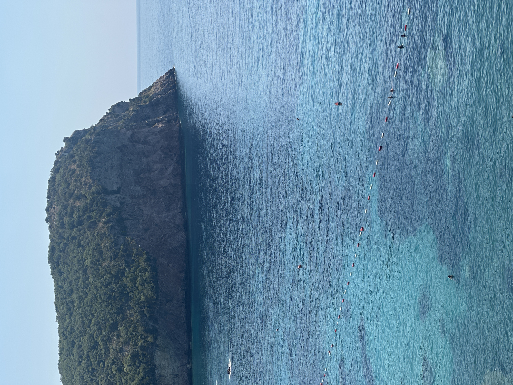 The image shows a rocky, tree-covered cliff face jutting out into a clear blue sea. The water is a vibrant turquoise near the shore, transitioning to a deeper blue further out. A line of buoys marks a swimming area in the shallow water. Several people are visible swimming and wading in the water. In the distance, the sea meets the horizon under a clear, light blue sky. The scene is a coastal landscape in Sveti Stefan, Montenegro, characterized by its rugged natural beauty and recreational use of the sea.