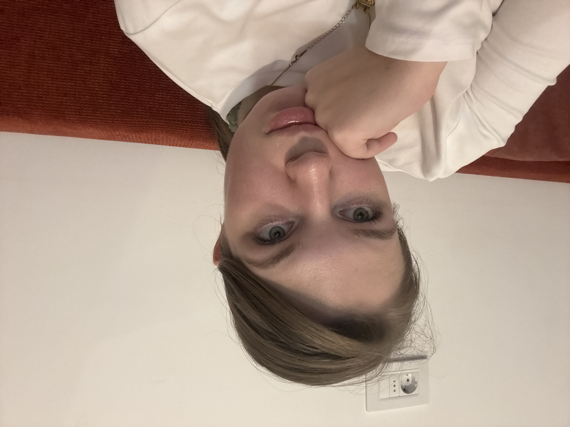 A woman is looking at the camera. Her face is in the bottom half of the image. She has fair skin, light brown hair and light green eyes. Her hair is styled to the side. She is wearing a white shirt, and there is a necklace around her neck. Her hand is resting on her face. She is sitting on a reddish-brown couch. Behind the couch is a white wall, and an electrical outlet is visible in the lower right corner of the image. This image provides no details about being in Vozdovac Urban Municipality, Serbia.