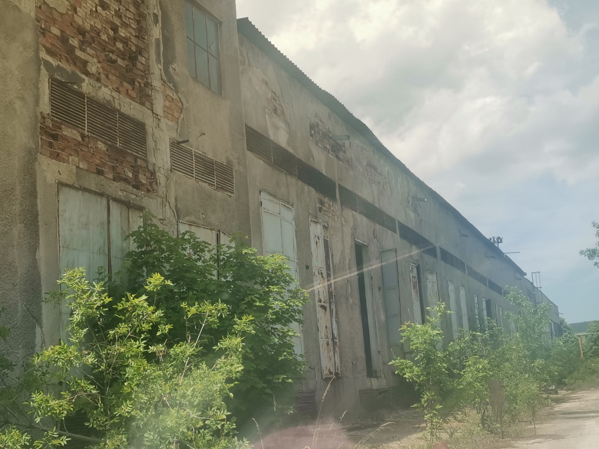 An outdoor, eye-level shot depicts a long, dilapidated industrial building under an overcast sky in Zhivkovo, Bulgaria. The building's facade is primarily composed of weathered concrete or stucco, with significant sections peeled away to reveal exposed red brickwork underneath, indicating severe disrepair.
Numerous features line the side of the building: several large, horizontal slatted vents are visible, along with multiple tall, narrow openings that appear to be old doors or shutters, many of which are partially open, missing, or in a state of decay. On the far left, a multi-paned window is visible, and other smaller, boarded-up or broken windows are scattered across the upper part of the wall. The building is topped with a corrugated metal roof.
In the foreground and along the base of the structure, lush green bushes and young trees thrive, suggesting overgrowth and a lack of maintenance. A dirt or gravel path runs alongside the building on the right side of the frame. The sky is largely cloudy, with patches of brighter light breaking through, indicating a daytime setting.
The scene conveys a strong sense of abandonment and neglect. No human activity or visible text is present. The overall impression is one of a disused industrial site reclaimed by nature.