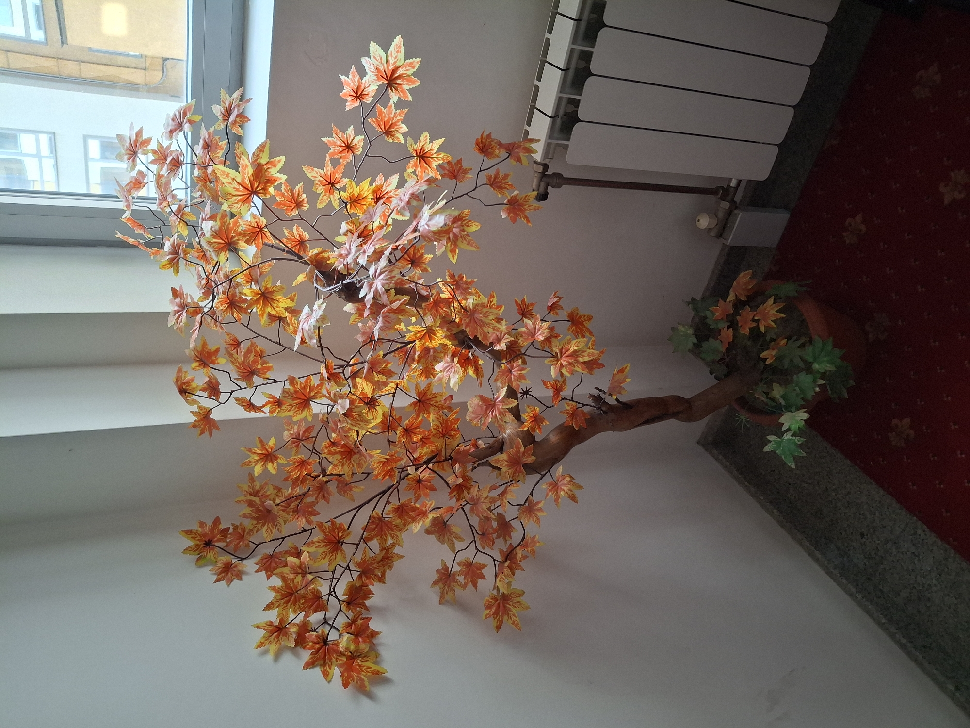 An indoor scene features a large, decorative artificial tree with vibrant autumn-colored foliage. The tree has a twisted, natural-looking brown trunk and branches, adorned with numerous maple-like leaves in shades of orange, yellow, and red. Many leaves display a mottled or variegated pattern, adding to their realistic appearance.
The tree is positioned against a light-colored wall, which appears off-white or light grey. In the upper left portion of the image, a window reveals glimpses of an exterior building with rectangular windows, suggesting a daytime setting. To the upper right, a white panel radiator with horizontal fins is mounted on the wall, connected by a copper pipe and a valve.
In the lower right, a small potted plant with green leaves is visible near the base of the larger tree's trunk. The floor in this area is covered by a dark red carpet with a repeating, subtle floral or geometric pattern. A grey, possibly stone or concrete, ledge runs along the bottom of the wall, separating it from the carpeted floor.
The overall perspective of the image is tilted, making the tree's trunk and branches appear to extend diagonally across the frame. There are no people, explicit activities, or visible text in the image.