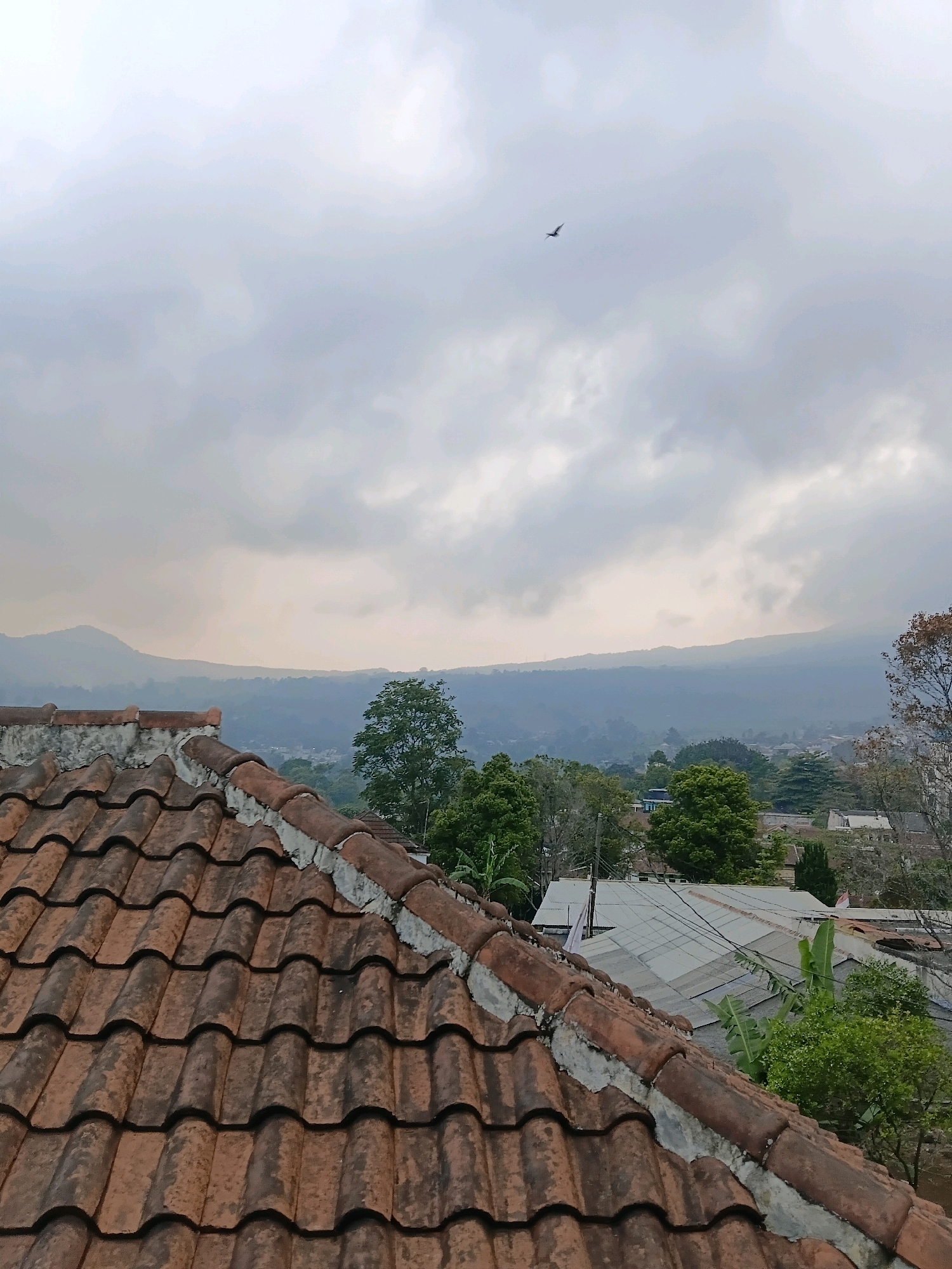The image shows a view from a rooftop overlooking a landscape in Ciater, Indonesia. In the foreground, a weathered terracotta tile roof is visible, with some sections showing moss and discoloration. Beyond the roof, the middle ground reveals a village or town with various buildings, some with metal roofs. Lush green trees and vegetation are scattered throughout this area. In the background, a mountain range recedes into the distance, its contours softened by atmospheric haze under a cloudy sky. A single bird is depicted in flight against the overcast sky. The overall impression is a slightly overcast day with a rural or semi-rural mountainous setting.