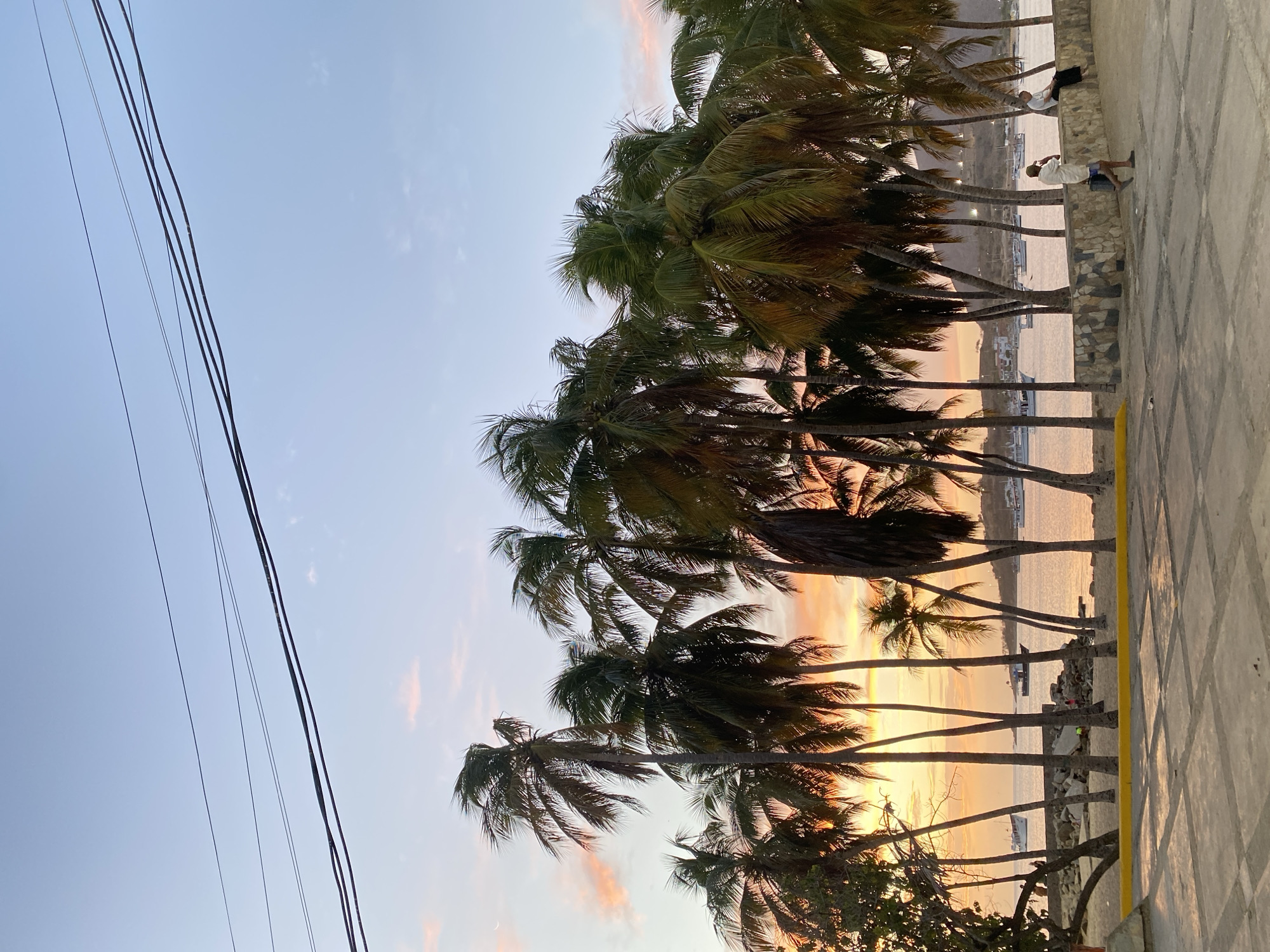 The image depicts a sunset view from a promenade in Juan Griego, Venezuela. A line of palm trees stands between the viewer and the ocean. The sunset casts a warm, orange glow through the trees and on the water. Two individuals are visible on the promenade; one appears to be taking a photograph. Boats are docked and anchored in the bay. Power lines run across the sky in the left side of the image. The promenade is made of stone tiles with a yellow line.