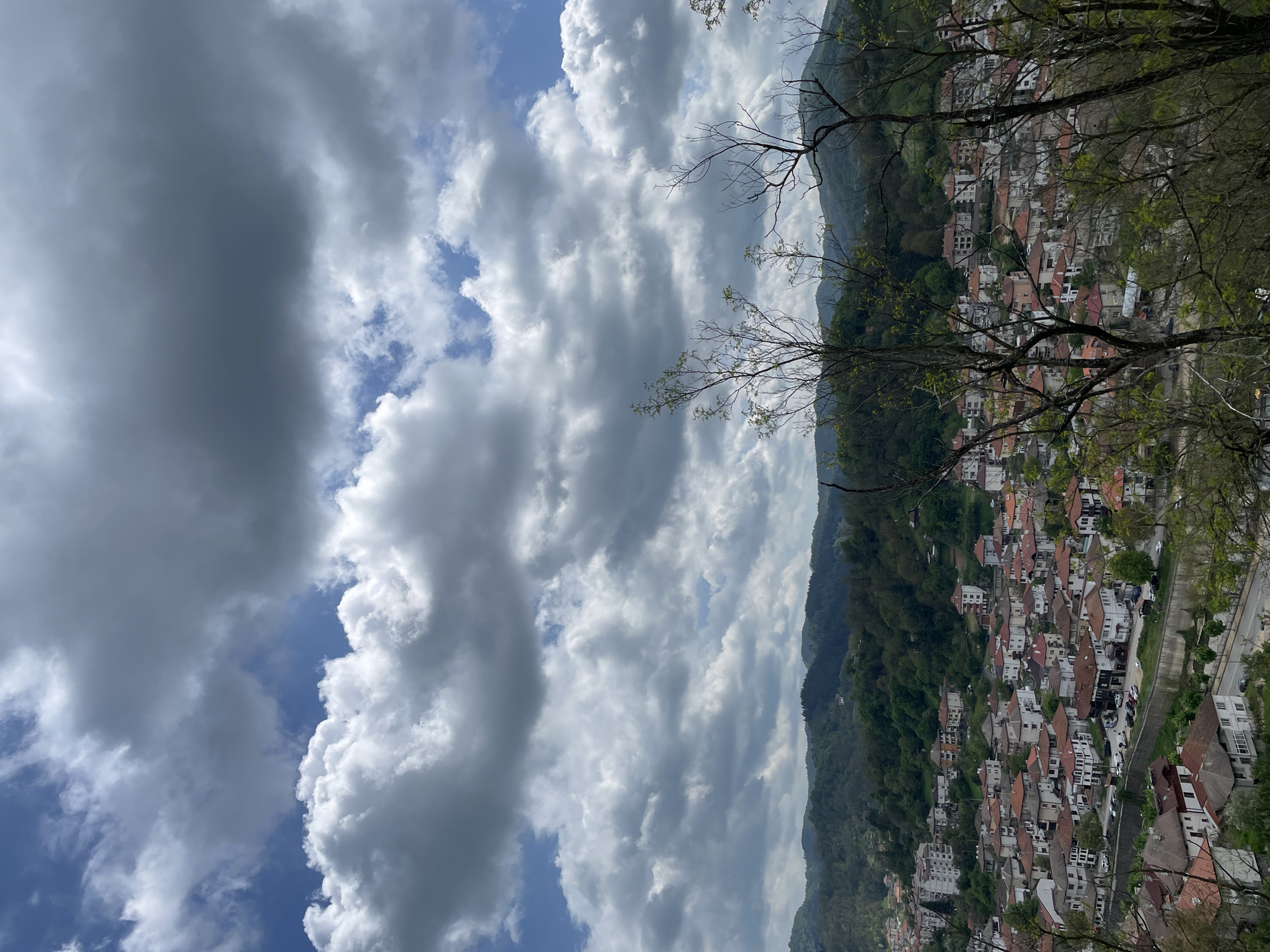 The image shows a view of a city, likely Zlatograd, Bulgaria. The scene is captured from an elevated perspective, possibly from a hill or mountain overlooking the city. The foreground is dominated by branches from trees, partially obscuring the view. The city itself is densely packed with buildings, primarily houses with red-tiled roofs. A river runs on the other side of the city with a road alongside it. A mountain range forms the backdrop to the city. The sky is filled with numerous white and grey clouds, covering most of the sky.