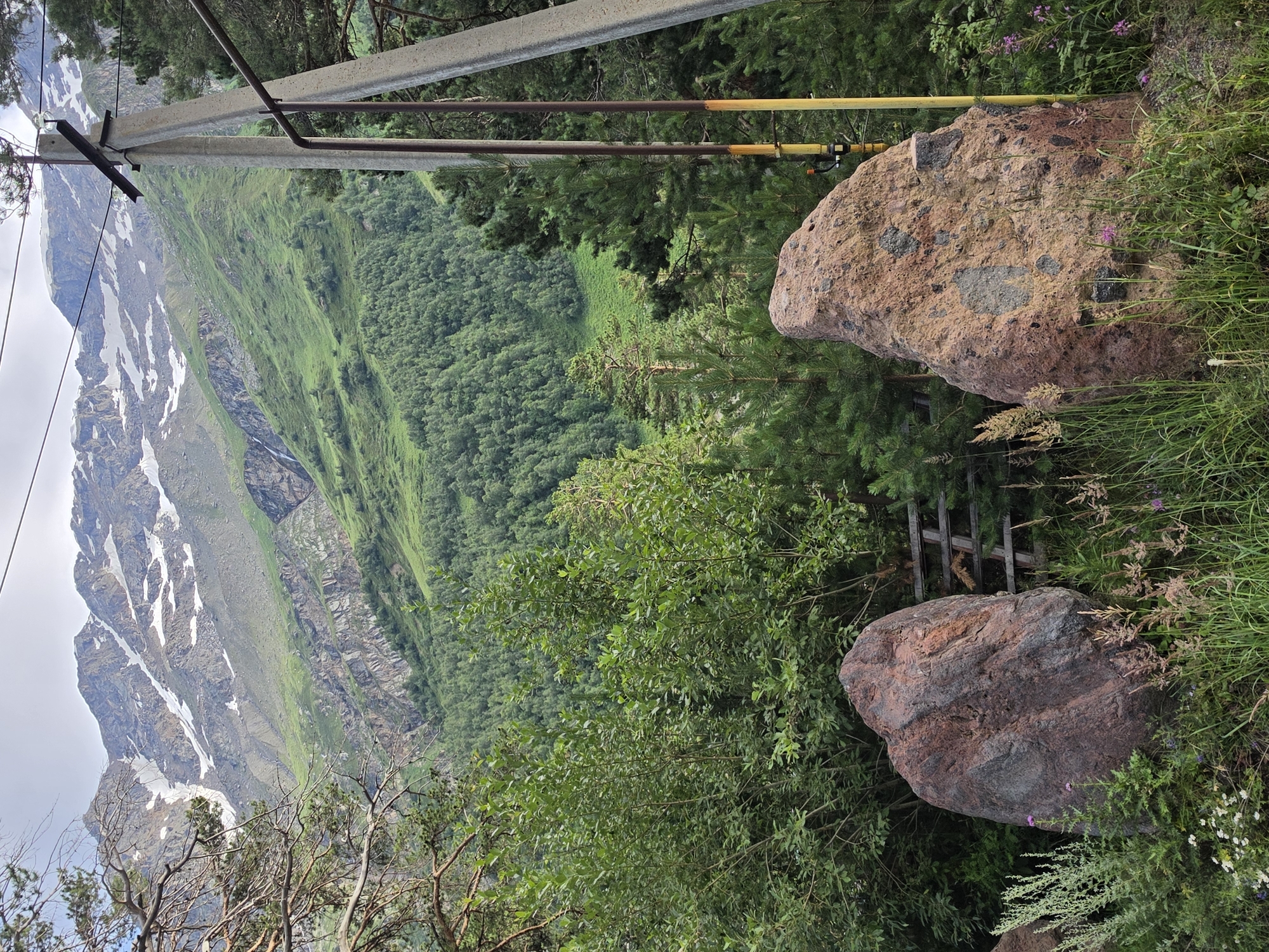 A medium shot captures a mountainous landscape with a verdant foreground. In the foreground, two large, reddish-brown boulders sit amidst lush green grass and various plants, including wildflowers. A rustic wooden fence is visible between the boulders. To the right, a tall concrete utility pole with wires and metal fixtures stands prominently, alongside two yellow metal poles.
The midground is characterized by a dense, green forest that transitions into steep, grassy slopes. A visible waterfall cascades down the mountainside. The background is dominated by majestic, snow-capped mountains under a cloudy sky. The overall impression is of a serene natural setting, likely in or near Terskol, Russia, given the mountain range and vegetation, which are characteristic of the Elbrus region. There are no people or animals present in the image.
