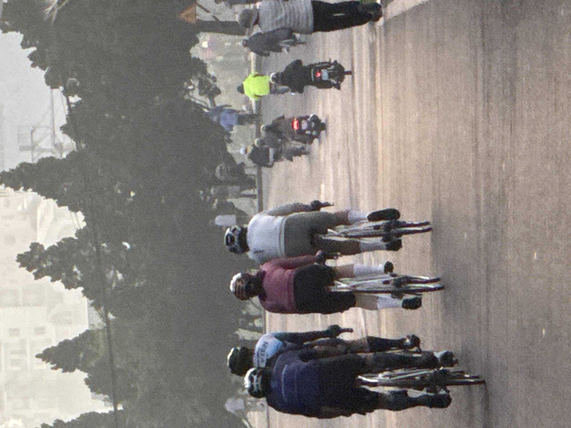 The image captures a group of people participating in an outdoor activity, likely a cycling event or race, on a paved road in Phường Xuân Hương - Đà Lạt, Vietnam. In the foreground, four cyclists are positioned from left to right, their backs to the viewer. The cyclist on the far left wears a dark blue shirt and black shorts, riding a bicycle with a black frame. Next to them is a cyclist in a white and blue jersey with "VIET" visible on it, also in black shorts. The third cyclist from the left wears a bright pink top and black shorts, riding a bicycle with a white frame. The cyclist on the far right wears a white long-sleeved top and grey shorts, also on a white-framed bicycle. All four cyclists are wearing helmets and cycling shoes. Their bicycles have visible wheels and frames.
Behind the foreground cyclists, several other individuals are visible on bicycles and what appear to be motorcycles. One individual in a bright yellow jacket is on a bicycle, and further back, a person on a black motorcycle with a red tail light is clearly visible. Other figures are present in the middle ground and background, suggesting a larger gathering or event. The environment includes trees with dense foliage lining the road, and in the far background, buildings are partially obscured by mist or haze, indicative of a cool or foggy atmosphere common in Đà Lạt. A yellow triangular warning sign is visible on the right side of the road. The road surface is asphalt. The overall lighting suggests it is daytime, possibly early morning or late afternoon due to the diffused light.