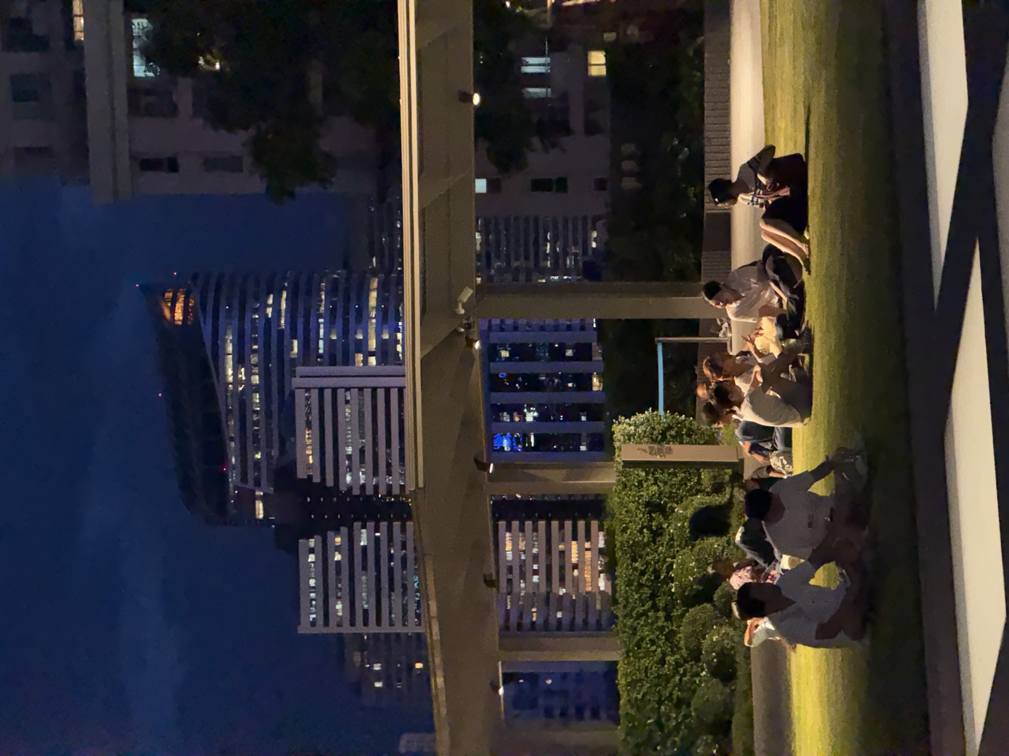 A nighttime outdoor scene features a group of approximately 10 people gathered in what appears to be a park or landscaped area with well-manicured greenery. The people are sitting or kneeling on the grass.
In the background are several high-rise buildings with illuminated windows, suggesting an urban environment. The architecture of the buildings is modern, and there are other details like bridges and concrete structures that suggest a city setting. The sky is dark and clear.
Based on the visual information, the location is Bangkok, Thailand.