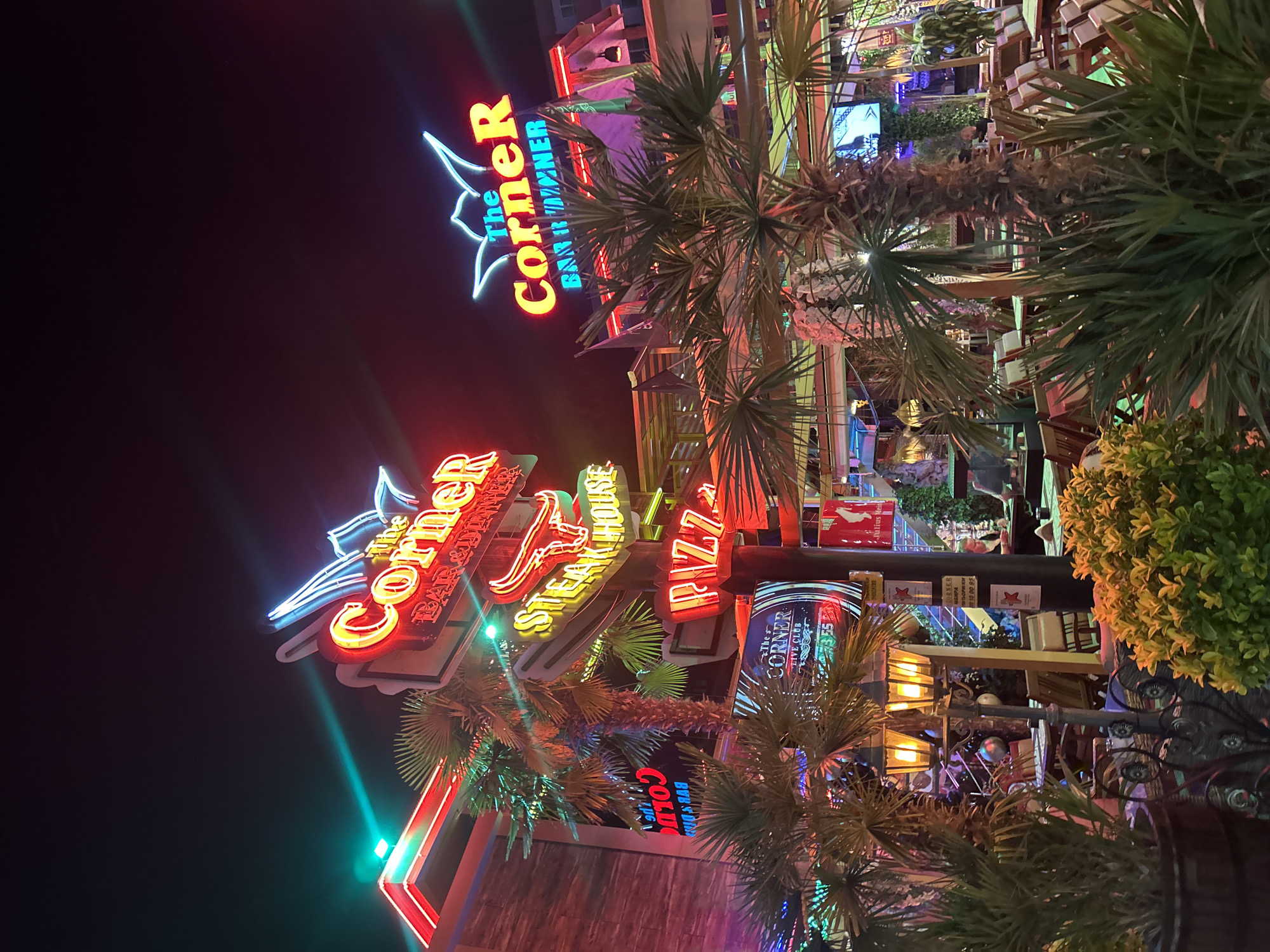 The image depicts the exterior of "The Corner" complex in Nesebar, Bulgaria at night. The scene is illuminated by multiple neon signs advertising the various components of the complex. These include "The Corner Bar & Dinner", "Steakhouse", "Pizza", and "The Corner Live Club". Tropical foliage, including palm trees, is interspersed between the signs and buildings. Tables and chairs on an elevated terrace are visible.
