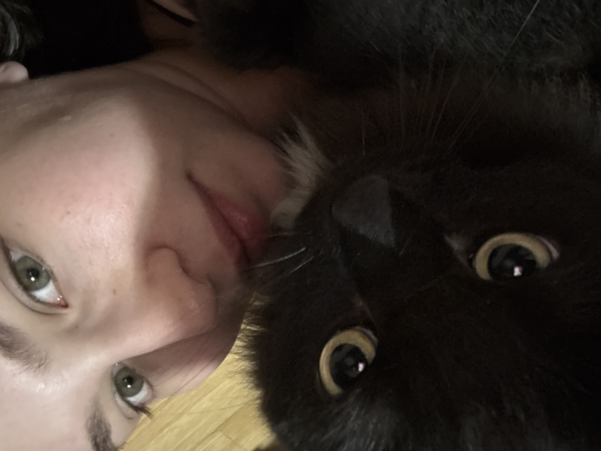 The image is a close-up, low-angle selfie taken from the perspective of a person lying down, with their face and upper body prominently featured. A black cat is positioned above the person, with its face close to the person's face, specifically near their mouth and nose area. The cat's large, yellow eyes are visible, and its fur appears dark and somewhat fluffy, with a patch of lighter fur on its chin. The person's facial features are visible, including their green eyes, lips, and nose. The background appears to be a wooden floor. The image does not provide any information to determine its location in Chaikovsky, Russia.