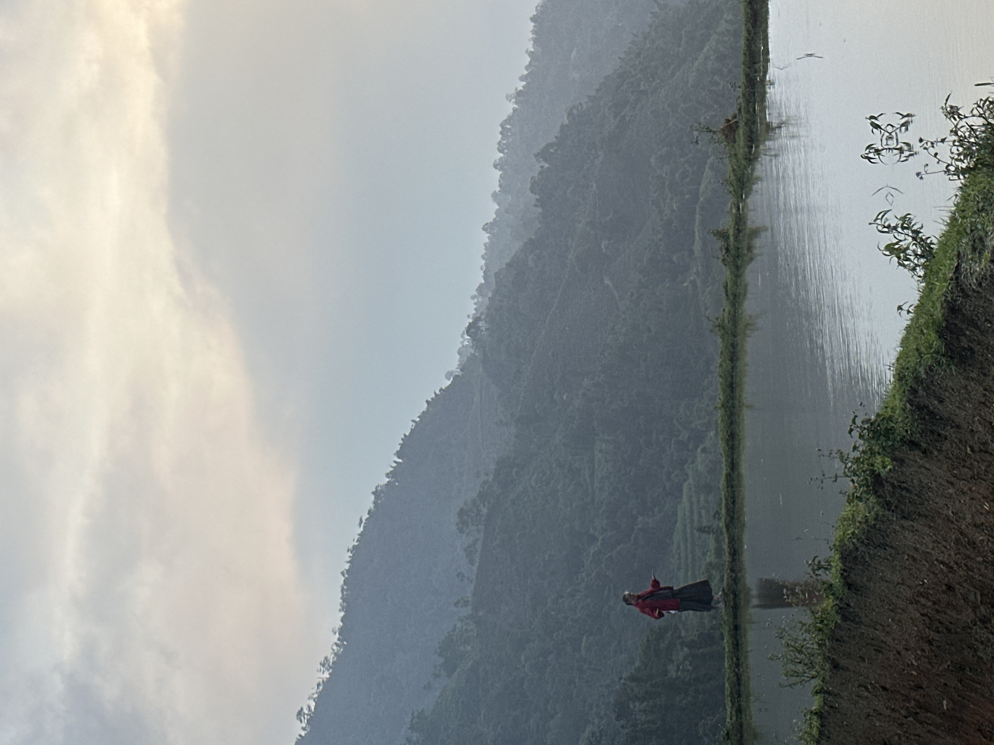 The image captures a serene landscape in Nậm Dịch Commune, Vietnam, depicting a single individual amidst natural beauty.
In the foreground, a narrow, verdant path or dike, covered in green vegetation, runs alongside a calm body of water, possibly a rice paddy or canal. Small reflections of foliage are visible on the water's surface, which appears still and placid. Another vegetated bank lines the opposite side of the water.
A solitary person stands on the green path, facing towards the distant mountains. They are dressed in a distinctive red top or jacket, paired with a dark lower garment, possibly a traditional skirt. Their dark hair appears styled in a bun or covered. The person's posture suggests a moment of contemplation or observation within the tranquil setting.
Dominating the background are large, rolling mountains, densely covered with lush green trees and foliage. The mountains recede into a soft, atmospheric haze or mist, creating layers of depth and imparting a mystical quality to the scene.
The sky above is overcast, with soft, diffused light filtering through the clouds, indicating either an early morning, late afternoon, or a generally cloudy day. This natural lighting contributes to the overall sense of peace and serenity. There is no visible text in the image. The scene evokes a feeling of quiet harmony between human presence and the majestic natural environment.