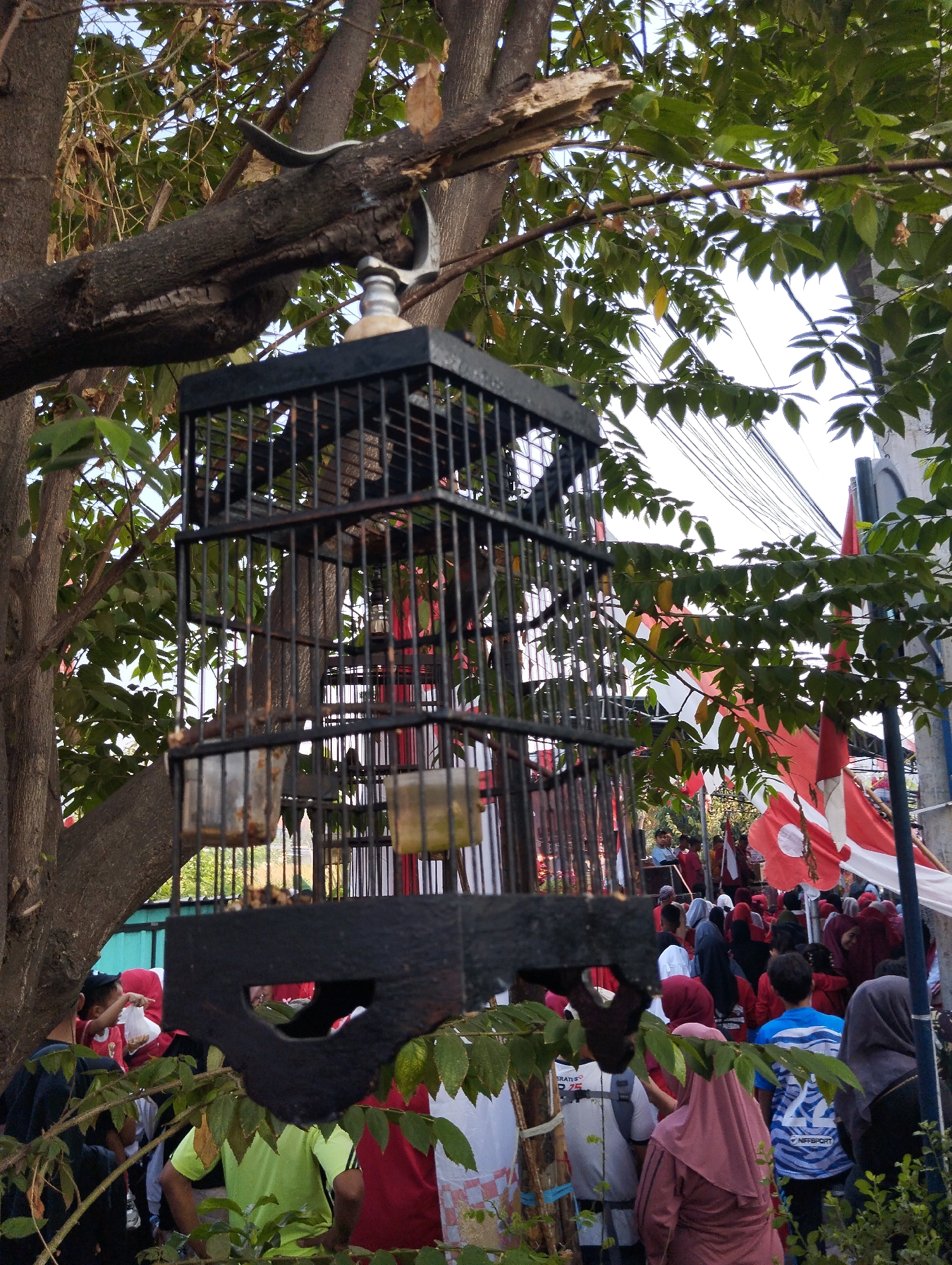 In the city of Berbek, Indonesia, a birdcage hangs suspended from a tree branch, its metal bars obscuring the view of the bird inside. The cage has feeders attached to its sides. The scene is outdoors, with lush green foliage surrounding the cage and casting shadows. In the background, a crowd of people, many wearing red and white attire, are visible, along with red and white flags. Some individuals in the crowd appear to be watching something, while others are engaged in conversations. The overall atmosphere suggests an outdoor event or gathering.
