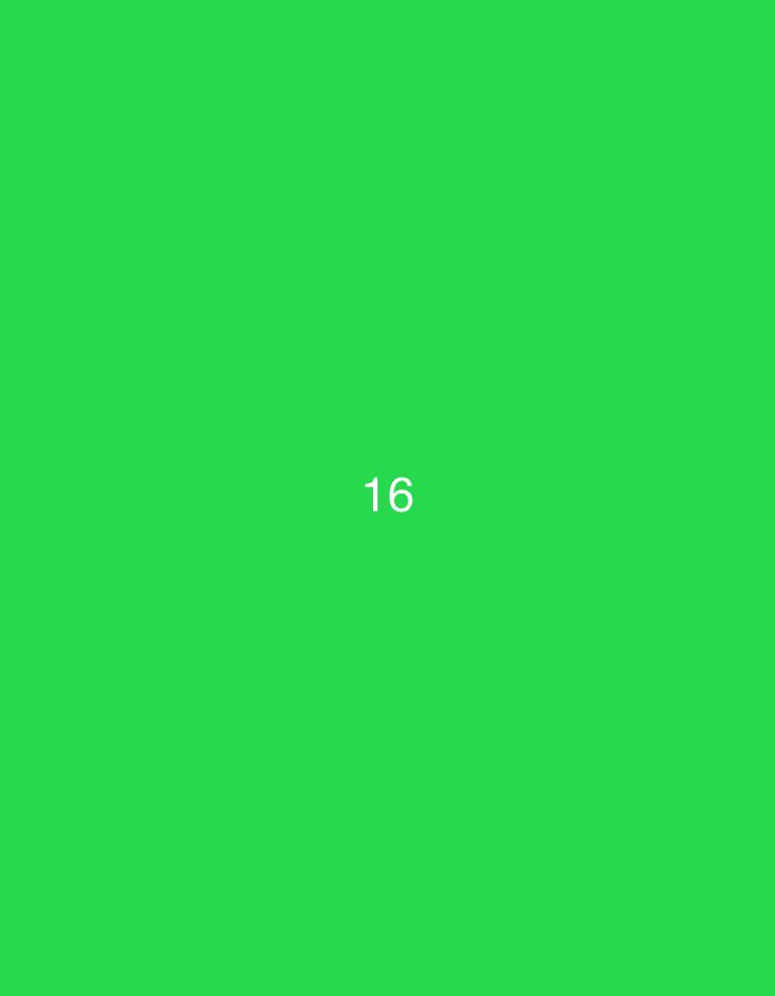 The image displays a solid, vibrant green background with the number "16" centered in white text. There are no discernible elements suggesting a specific location in a city or any context beyond the visual presentation of the number. The lighting appears even, and there are no shadows or directional light sources evident.