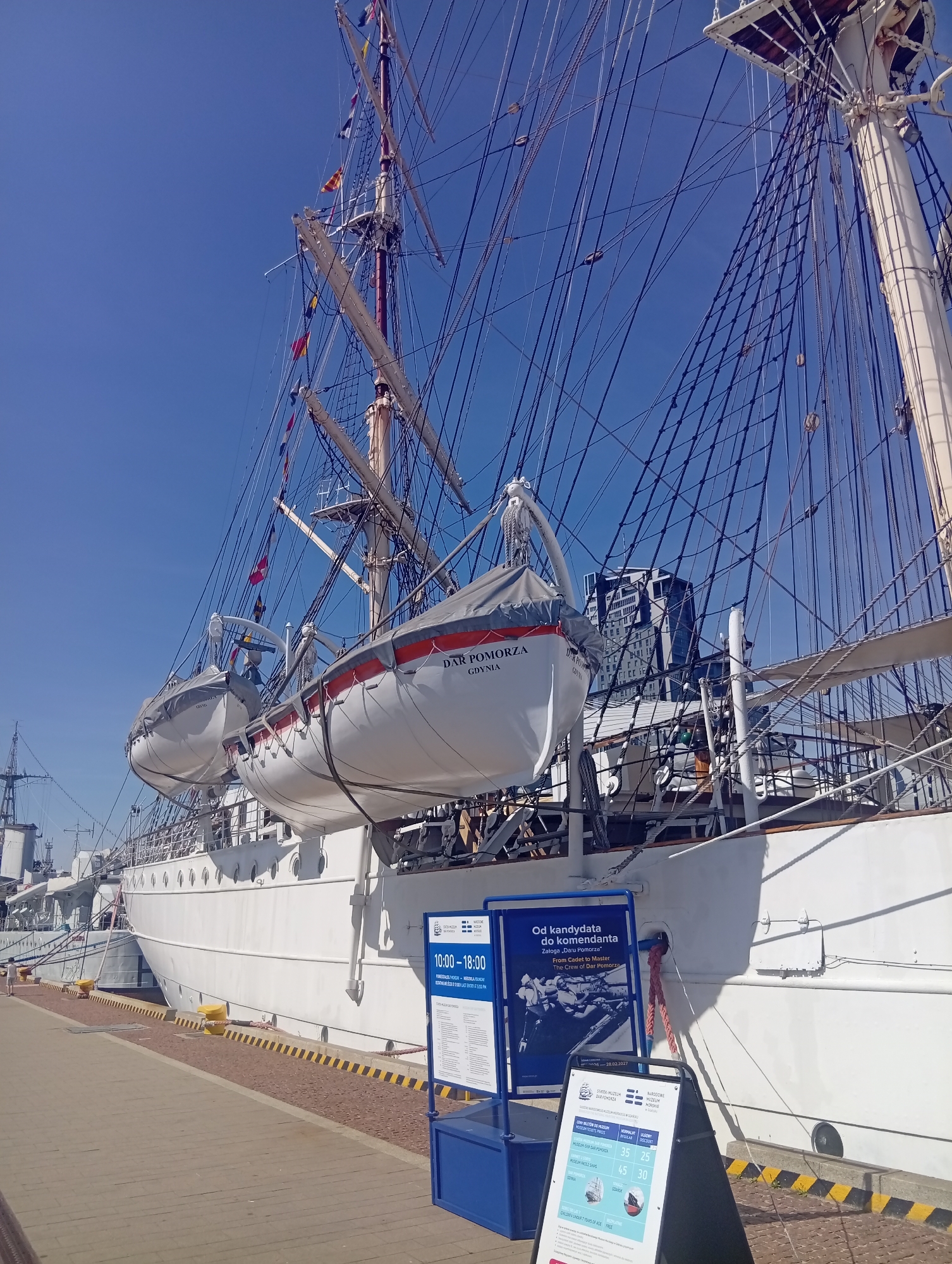 The image shows the "Dar Pomorza" tall ship, docked in Gdynia, Poland. The ship is white with multiple masts and rigging, and two lifeboats are visible on its side. A sign in front of the ship advertises exhibitions and ticket prices for the museum. The sky is clear and blue. The ship appears to be a museum or monument, as indicated by the signage.