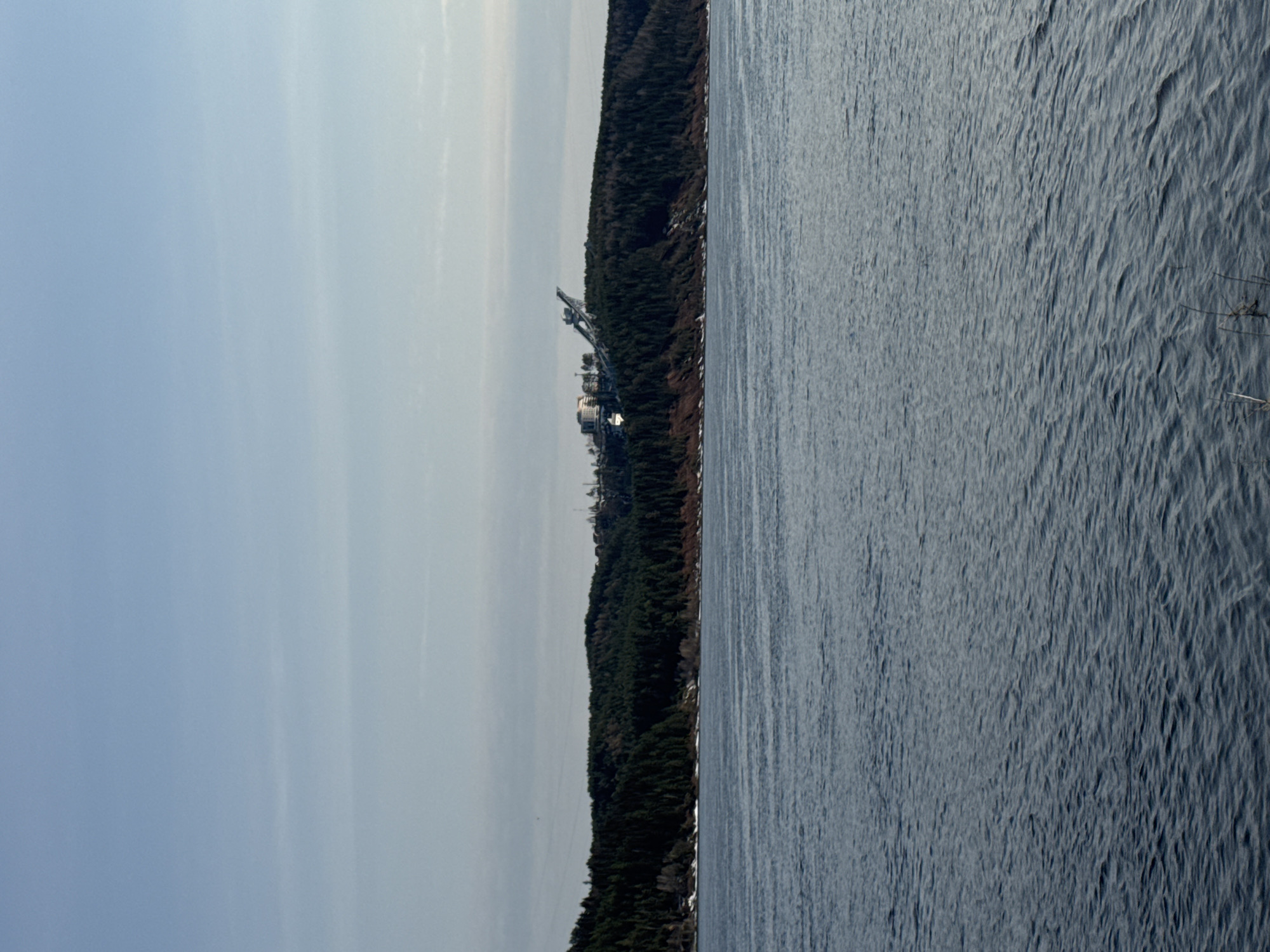 A landscape view shows the sea to the right, an industrial complex on the left along the coastline, and the sky above. The location is most likely Noviy, Russia. The sea is choppy. A heavily wooded shoreline borders the sea, rising to a flat area with buildings and industrial cranes. The sky is overcast and light blue.