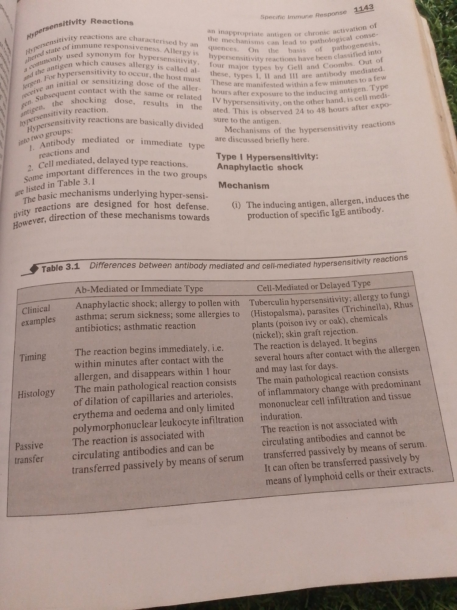 The image shows a close-up view of a page from a textbook. The page has a section titled "Hypersensitivity Reactions" and a table titled "Table 3.1 Differences between antibody mediated and cell-mediated hypersensitivity reactions." The text discusses various aspects of hypersensitivity reactions, including their characteristics, classification, and mechanisms. The table compares antibody-mediated or immediate-type hypersensitivity with cell-mediated or delayed-type hypersensitivity across clinical examples, timing, histology, and passive transfer. There are no people, objects, or environmental details present that would allow for a description of a scene in Jalingo, Nigeria.