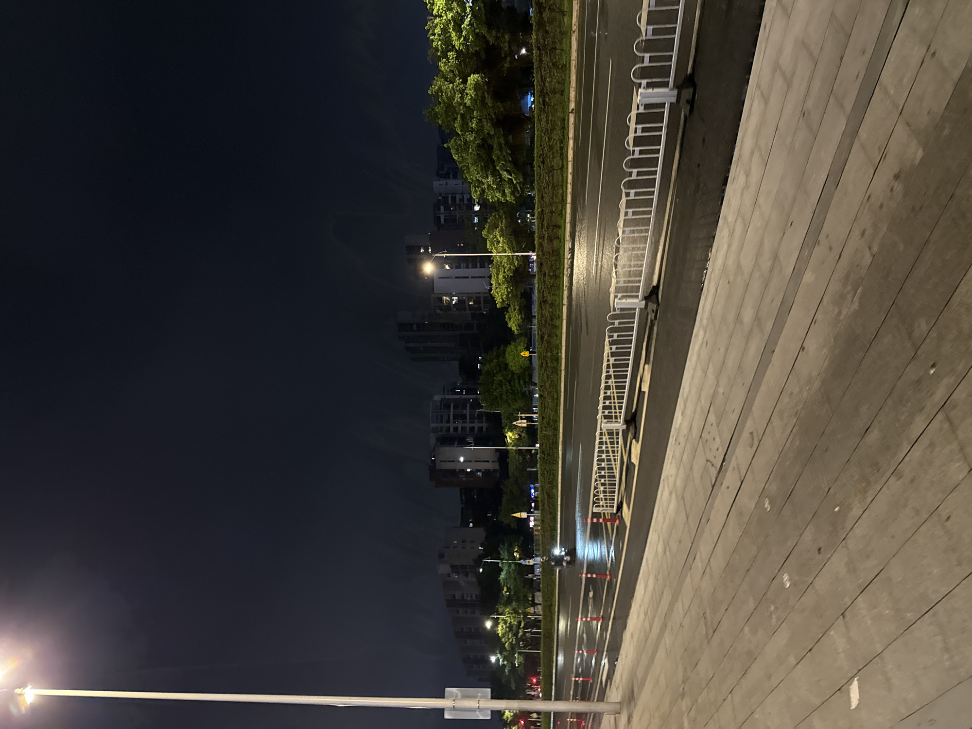 This is a nighttime, eye-level shot of a street in Haizhu District, China. The foreground is a wooden-planked sidewalk, and to its right is a wet asphalt road with painted white lines and traffic cones. A white metal railing separates the road from a grassy median. Beyond the median, a line of trees is visible, illuminated by streetlights. In the background, several multi-story buildings are lit up, suggesting an urban residential area. A single person on a scooter is visible on the road, their headlights creating a bright reflection on the wet surface. The sky is dark, and a street lamp stands on the left side of the sidewalk, emitting a bright light.