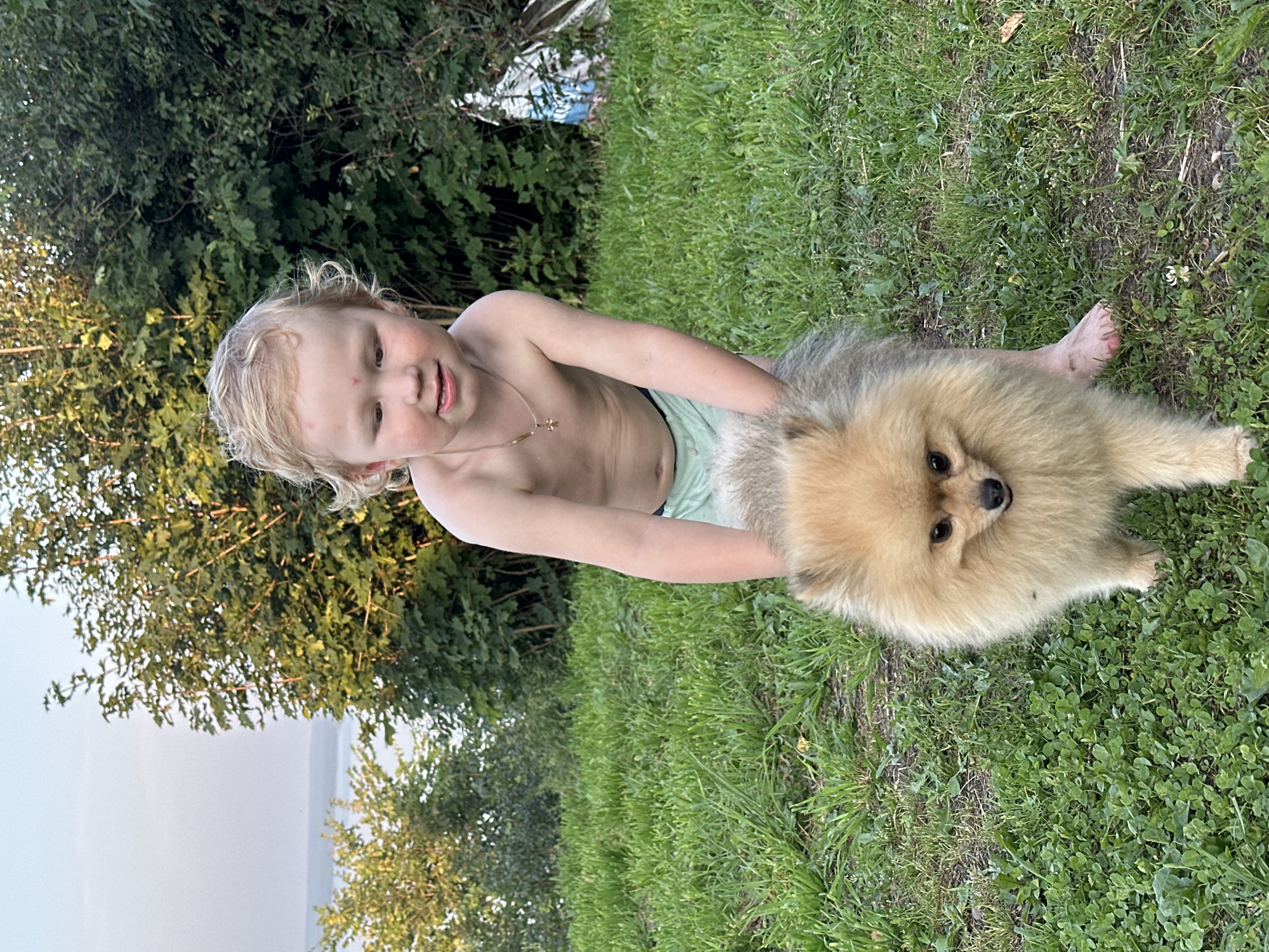 A young child with blond hair and a red mark on their forehead is standing outdoors, holding onto a Pomeranian dog. The child is wearing light-colored shorts. The dog is light brown and fluffy. They are on a grassy area with trees and bushes in the background. In the distance, a body of water and a hazy sky are visible. The overall scene appears to be in a rural or semi-rural setting, possibly a backyard in the village of Galevo, Russia, given the context provided.